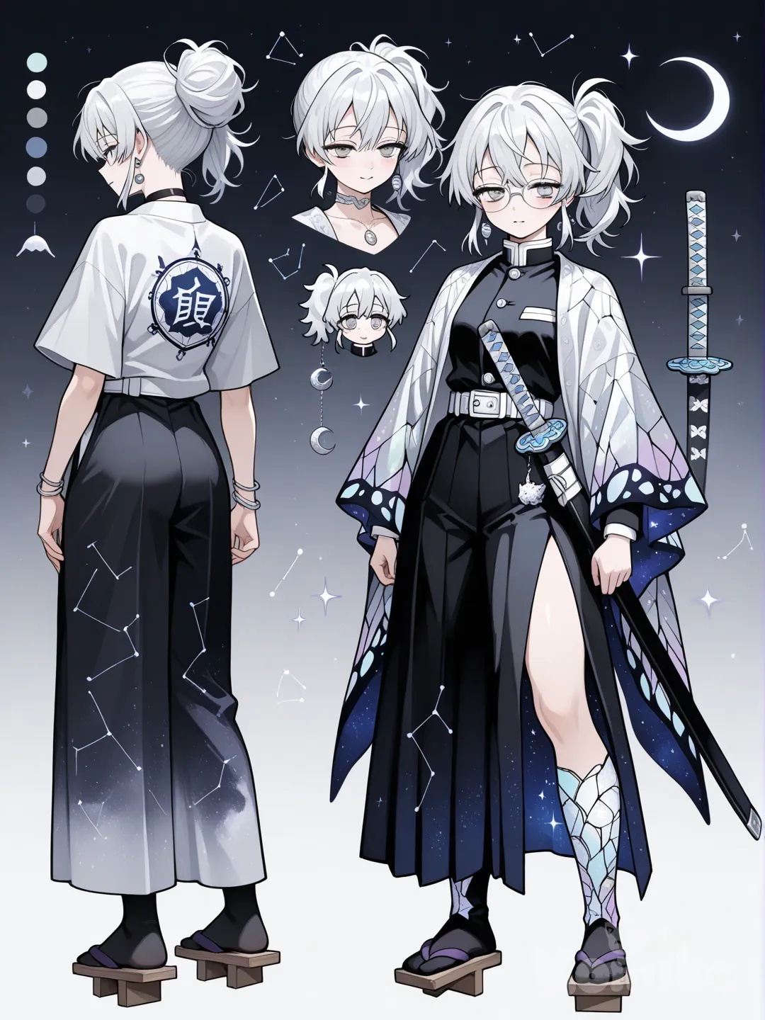 1girl, Demon Slayer style, original character in the world of Demon Slayer, teenager,17 years old, slim, short, athletic, gray hair, white hair, silver hair,Messy hair,Messy bangs, medium hair , side-parted hair, gray eyes, fair skin,demon slayer uniform , apron, earrings, necklace, choker, glasses, bracelet,“Moonlit Nebula” Cloak
Cape / Cloak
Type: Full flowing cloak
Design Blend: Liquid Metal Gradient + Moonlit Nebula + Moon & Droplet Cloak
Deep gray at the top fading into shimmering silver-white at the bottom, like dripping mercury.
Soft nebula-like swirls across the fabric giving a cosmic glow.
Large silver crescent moon on the back surrounded by tiny star-like sparkles.
Subtle mercury droplet motifs near the hem.
Moves like flowing moonlit mist.
Uniform
Base: Mix of Mercury-Lined Standard Uniform + Moon Guard Uniform
Charcoal gray Demon Slayer jacket with clean silver-white lining on collar, sleeves, and seams.
Crescent moon shoulder embroidery.
Side panels stitched with subtle flowing mercury patterns.
Glossy white interior lining resembling quicksilver.
Jacket buttons engraved with moon or droplet symbols.
Overcoat Layer (Chosen Extra Layer)
Nebula-Split Coat
Mid-calf length with very high side slits for full movement.
Gradient from dark gray → soft white.
Nebula swirls across the lower half in silver-white mist patterns.
Small crescent moon motifs embroidered at the top of each slit.
Lightweight and airy, flowing like stardust when she moves.
Silver trim on all edges for a mercury sheen.
Logos / Emblem
Star Map Crest
A constellation-like pattern with tiny silver dots connected by thin lines.
Appears on:
chest of uniform
back of jacket (under coat/cloak)
geta accents
sword wrap or sheath
Represents her cosmic precision and celestial aesthetic.
Pants
Mercury Flow Pants
Standard Demon Slayer trousers (she hates skirts).
Dark gray with a slender silver line running down each leg.
Small droplet detail near the ankle.
👡 Footwear
Silver-Mist Geta
Charcoal gray wooden base.
Soft white straps with faint silver sparkle threading.
Tiny crescent moon charm on one strap.
Minimalist yet celestial.
💫 Hairstyle
Messy High Half-Bun
Top half tied into a loose, messy bun.
Bottom half left down in soft, tousled strands.
Sleepy, airy, slightly chaotic — perfect for someone who naps a lot.
Wispy side strands frame her face like tiny comet trails.
🌙💤 Overall Aesthetic
A perfectly unified blend of:
Moonlight + Mercury Fluidity
Cosmic Nebula Textures
Gray/White Monochrome Harmony
Soft, sleepy elegance mixed with otherworldly beauty
Practical Demon Slayer mobility (no skirts, high slits, layered clothing)
Suigin Tsuki’s design feels ethereal, liquid, and celestial — a warrior who looks like she stepped out of moonlit stardust.
Long slit skirt that slit on both sides on both sides over the pants.
________________________
Character Sheet, Multiple Expressions,Weapons, Etc.