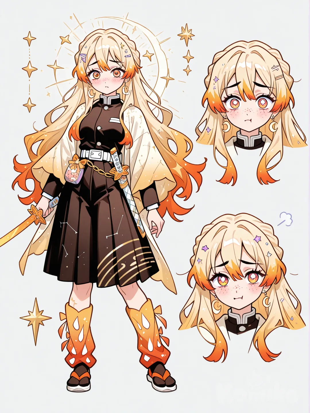 1girl, Demon Slayer style, original character in the world of Demon Slayer, young adult, age 19, slim, short,demon slayer uniform.

Face Shape

Soft heart-shaped face with rounded cheeks and a delicate jawline.

A naturally gentle expression, like she’s always thinking of others first.

Skin

Smooth, warm-toned skin with a tiny, subtle starlight shimmer when the light hits her.

A soft, natural blush on her cheeks—especially when she’s embarrassed or anxious.

Freckles

Light dusting of tiny star-dust freckles across her nose and upper cheeks.

They’re not bold—just faint little sparkles that add a cute charm.

Eyes

Large, round eyes that make her look sweet and approachable.

Pupils have a very subtle star shape if someone looks closely.

Her eyes tend to widen when she’s nervous, giving her an adorable, startled look.

Brows

Gentle, slightly curved eyebrows that sit a bit higher, making her always look soft, kind, and a little shy.


Nose & Mouth

Small, slightly upturned nose.

Soft lips with a naturally timid, nervous little pout when she’s unsure or shy.

Eye color

Soft Starlight Gold eyes:
Warm, gentle golden eyes with a faint shimmer that make her look kind, sweet, and hopeful. They brighten slightly when she’s nervous, adding to her cute, timid charm.

Hair

Mixed Hair Color Summary

A soft, warm pastel blend:

Base of creamy vanilla blonde and gentle caramel.

Hints of pale peach and soft blended through the strands like a pastel nebula.

Finished with a muted champagne-gold glow, giving her hair a warm, celestial shimmer.


The overall effect is sweet, gentle, warm, and softly glowing, perfect for a cute and nervous star-themed slayer.

Hair style 

A soft, celestial layered style with a gentle braid crown:

Her hair falls in long, airy layers, each one light and fluffy like drifting starlight.

The layers flow in soft, star-trail shapes, giving her a dreamy and gentle look.

Across the top of her head is a thin, delicate crown braid, woven loosely so it looks soft, not formal.
, keeping the hair away from her face while still looking shy and sweet.

The rest of her hair cascades down in smooth, star-fall waves.

A few wispy strands frame her cheeks, giving her that cute, nervous, soft-girl charm bun in the back.

Uniform 

A long, flowing wavy skirt with a soft, wavy side slit, paired with a button-up long-sleeve top.
The sleeves slightly flare, and the whole uniform is decorated with subtle cosmic embroidery—tiny stars, swirls, and constellation lines along the collar, cuffs, hem, and slit.
It looks gentle, celestial, and soft, perfect for Hoshi’s shy and sweet personality.

Shawl:

A crescent-shaped cosmic shawl that drapes softly around her shoulders.
It’s decorated with delicate nebula spiral patterns, giving it a dreamy, celestial look.
Along the bottom is a starfall fringe with tiny star-shaped beads that sway like falling starlight whenever she moves.

Accessories:

tiny star hair clips, a delicate crescent moon pin, a thin ribbon choker with a small star charm, and gentle starfall earrings. She also has a subtle constellation bracelet and a little shooting-star ribbon in her hair. Around her waist hangs a small ring of star and moon charms, plus a tiny nebula pouch.

For her legs, she wears soft, cozy leg warmers decorated with faint star embroidery, matching her gentle celestial theme.

Weapons 
She wields a slender star-crescent Nichirin katana with soft nebula engravings along the blade, paired with a small star-shaped dagger she keeps hidden for emergencies. Alongside these, she also uses a light starfall chain-sickle, its chain made of tiny star-shaped links and a small crescent-tipped sickle that flows gracefully like falling starlight.
__________________________________
Character sheet, expression,weapons,full body etc