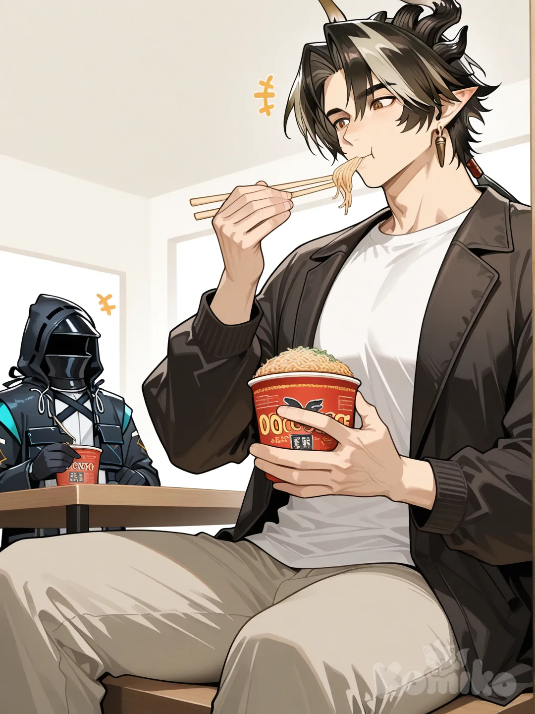 2boys, @Chong_Yue_(Arknights), @Doctor_(Arknights), makan mie instan