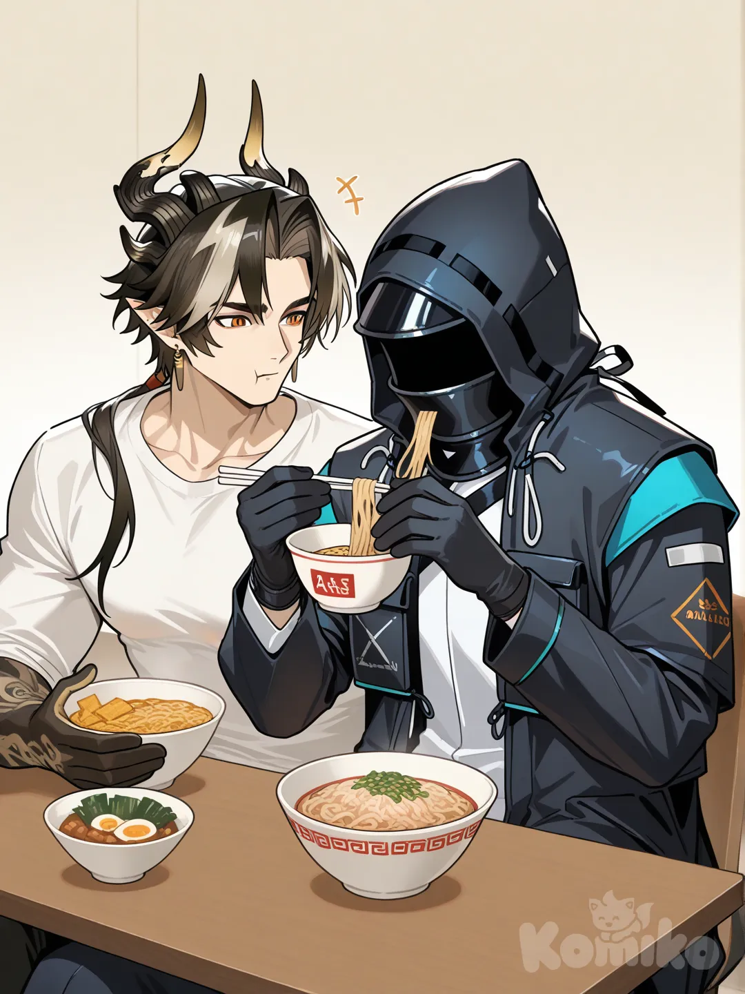2boys, @Chong_Yue_(Arknights), @Doctor_(Arknights), makan mie instan