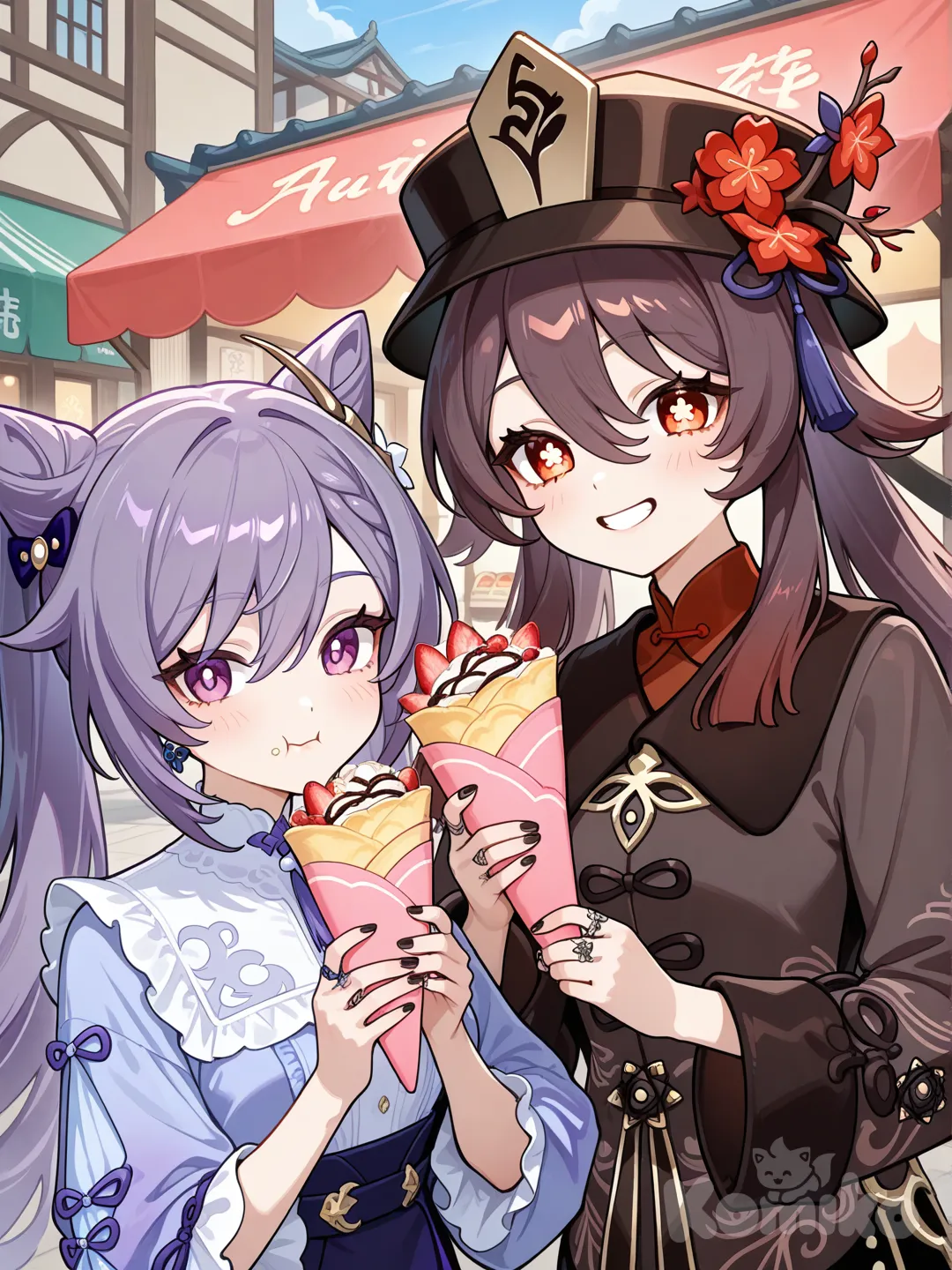 @Keqing_(Genshin_Impact), @Hu_Tao_(Genshin_Impact),
eating crepe