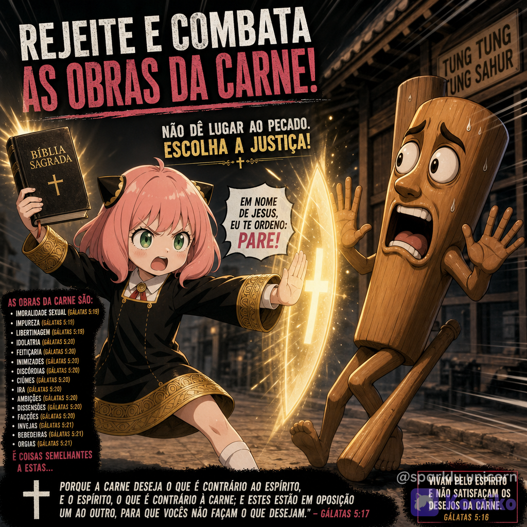 the anime illustration depicting @Anya_(Spy_X_Family) holding a holy bible on her right hand and she is seen stopping @Tung_Tung_Tung_Sahur, which tung tung tung sahur have a scared expression on his face and anya is seen with her angry, yet determined expression on her face, the text in brazilian portuguese about fight off the works of the flesh