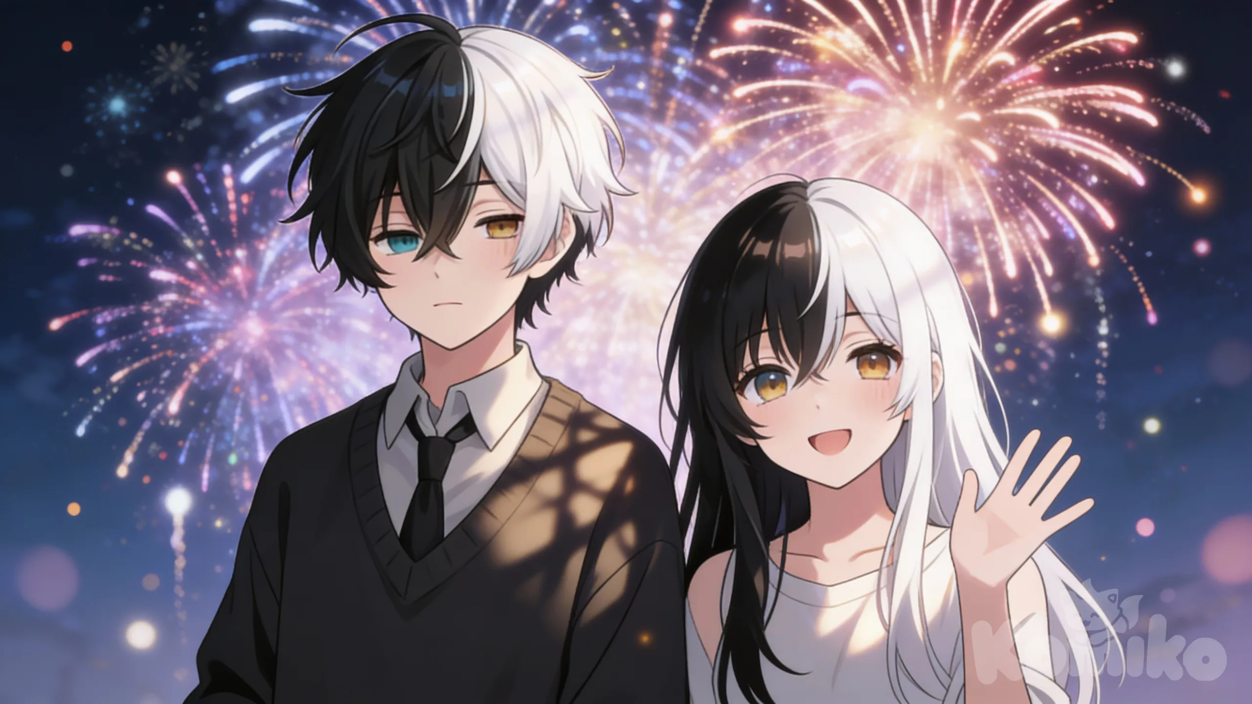 Two anime-style characters in the same frame, upper body only, well-balanced composition and correct proportions.

On the left is a young anime boy with half black and half white hair, short hair, calm and slightly distant expression, gentle YA vibe, soft eyes, wearing a dark sweater over a shirt and tie. He is facing slightly toward the camera, relaxed posture.

On the right is a young anime girl with long half black and half white hair, warm smile, bright eyes, gently waving her hand toward the viewer. She gives a friendly and hopeful feeling.

Both characters are softly illuminated by fireworks light, with beautiful cinematic lighting and shadows on their faces and hair.

Background is a night sky filled with colorful fireworks in full bloom, dreamy and elegant atmosphere, glowing light particles, soft bokeh.

High-quality anime illustration, delicate lineart, refined shading, beautiful lighting, soft color palette, emotional and aesthetic, no blur, no distortion.