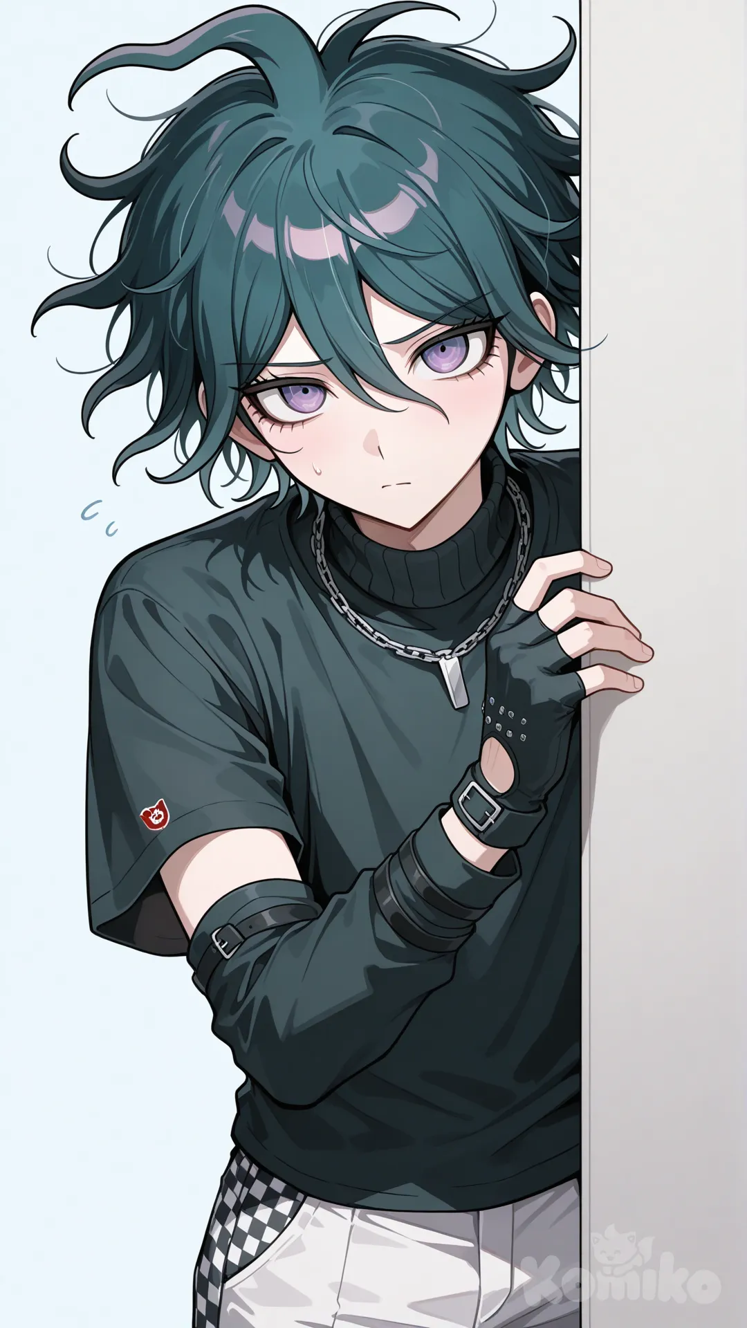 аниме парень в стиле данганронпы.
Темно-бирюзовые волосы, растрёпыш,фиолетовые глаза, оверсайз чёрная рубашка застёгнутая в белую клетку с коротким рукавом переходящими в чёрные митенки(длинные перчатки-рукова без пальцев), из под рубашки выглядывает пастельно-синяя водолазка, белые штаны с высокой посадкой. Рост 162