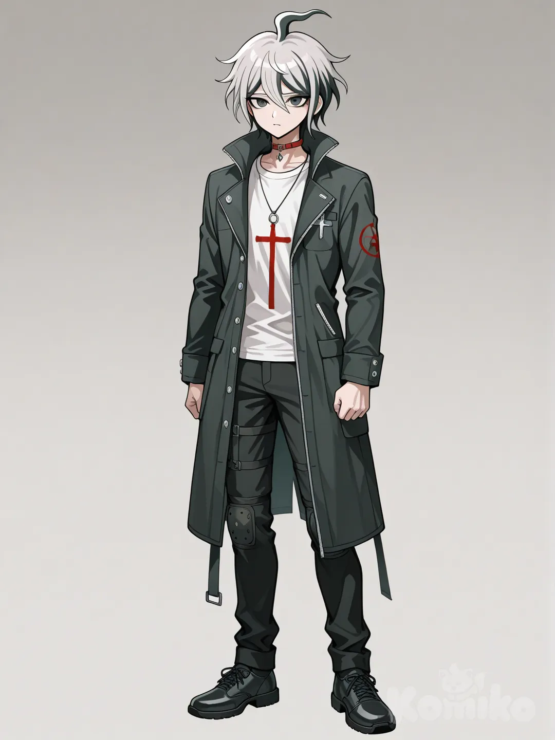 аниме парень-психиатр в стиле данганронпы. Цвет волос пепельные с бордовыми кончиками волос, короткие волосы, прямые, не растрёпанные чёрные глаза, серый оверсайз пиджак без пуговиц,под ним футболка светло-красного цвета без рисунка, на шее красный чокер-ошейние с подвеской в виде креста, чёрные штаны карго. Рост 176. В полный рост