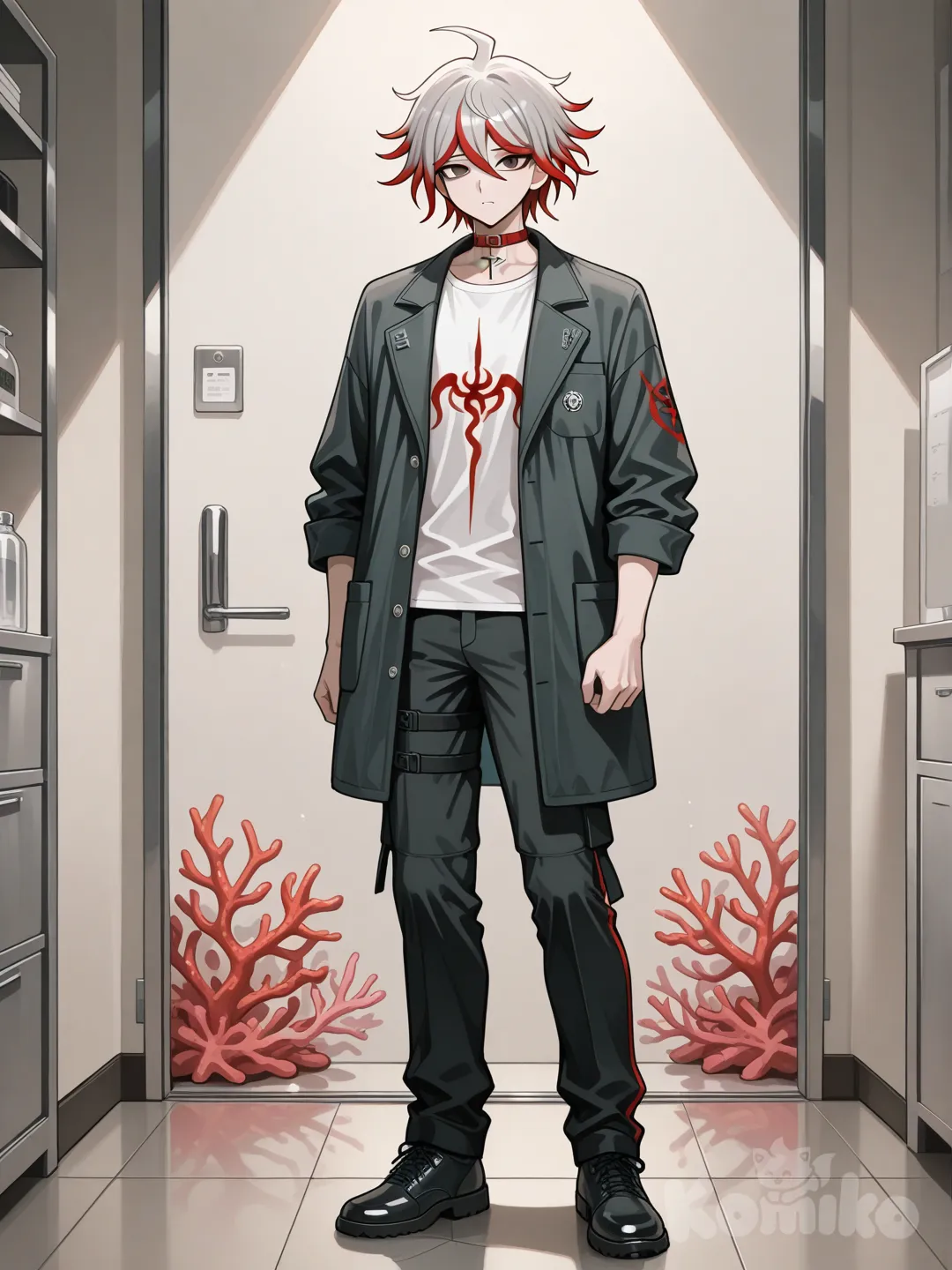 аниме парень-психиатр в стиле данганронпы. Цвет волос пепельные с бордовыми кончиками волос, короткие волосы, прямые чёрные глаза, серый оверсайз пиджак без пуговиц,под ним светло футболка корралового цвета без принта, на шее красный чокер-ошейние с подвеской в виде креста, чёрные штаны карго. Рост 176. В полный рост