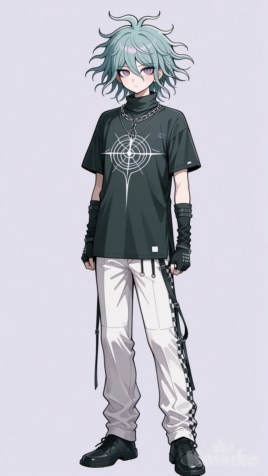 аниме парень в стиле данганронпы.
Темно-бирюзовые волосы, растрёпыш,фиолетовые глаза, оверсайз чёрная рубашка застёгнутая в белую клетку с коротким рукавом переходящими в чёрные митенки(длинные перчатки-рукова без пальцев), из под рубашки выглядывает пастельно-синяя водолазка, белые штаны с высокой посадкой. Рост 162