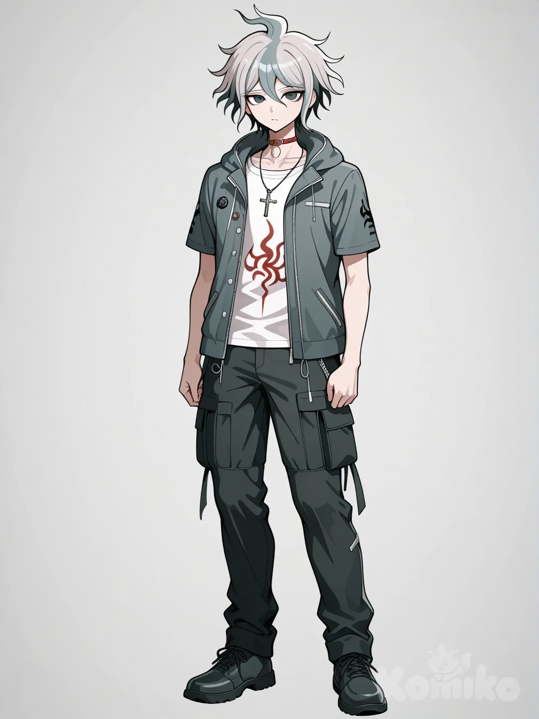 аниме парень-психиатр в стиле данганронпы. Цвет волос пепельные с бордовыми кончиками волос, короткие волосы, прямые чёрные глаза, серый оверсайз пиджак без пуговиц,под ним футболка корралового цвета без рисунка, на шее красный чокер-ошейние с подвеской в виде креста, чёрные штаны карго. Рост 176. В полный рост