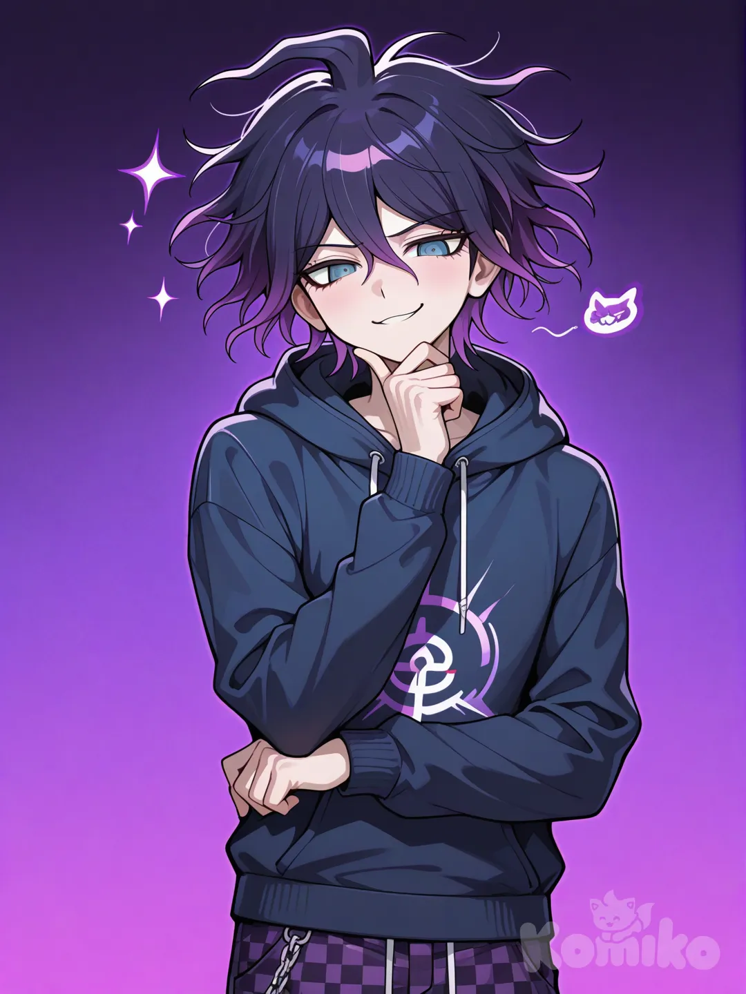 аниме парень хакер(стиль данганронпы) рост 157 вес 46 Фиолетовые волосы градиент(фиолетовый переходящий к более тёмному оттенку на кончиках волос основной цвет фиолетовый)растрёпыш, короткие волосы голубые глаза, тёмная толстовка синего оттенка с символом в виде тёмно-фиолетовым символом взлома, чёрно-фиолетовые штаны в клеточку. Задумчивый, рука касается подбородка, стоит на ногах, 19 лет, по пояс, высокомерная ухмылка