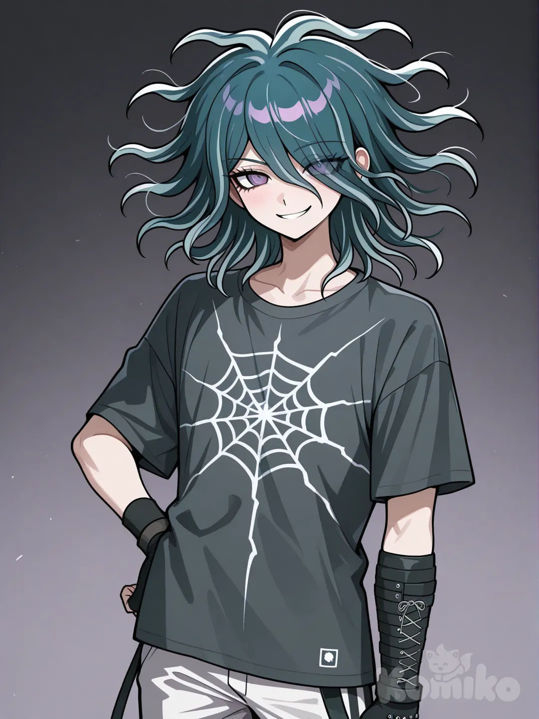 Аниме парень в стиле данганронпы. Рост 162. Мятно-бирюзовые(#486f77) волосы. Тёмно-серая(#485b5f) оверсайз футболка с принтом в виде паутины белого цвета, чёрные(#53646b) митенки без пальцев до предплечий, белые штаны с лампас с боку штанов по всей длине штанов в чёрно-белую клетку, основной цвет белый. Цвет глаз ярко-фиолетовый. Изображение по пояс
Описание причёски: средняя длина, асимметричная укладка. Объём у корней, лёгкие волны. Чёлка удлинённая, спадает на левый глаз. Боковые пряди чуть длиннее, создают динамику. Эффект лёгкой «электризованности»
расслабленный с лёгкой насмешливой улыбкой