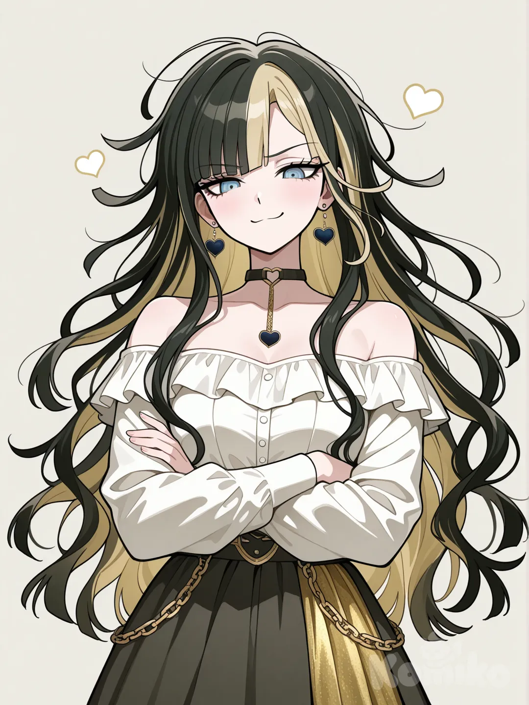 аниме девушка дизайнер(стиль данганронпы) рост 172 вес 60,чёрные волосы с осветлёнными концами волос и светло-жёлтой прядью у лица, ясно-голубые глаза, блузка с открытыми плечами белого цвета, пышная тёмно-серая юбка с жёлтыми оборками, чёрные серёжки в виде перевёрнутых в верх ногами сердец,чокер на шее.19 лет изображение по пояс, надменная, высокомерная, величественная, руки сложены на груди, такой взгляд как будто смотрит на грязь, аристократка, смотрит свысока, идеально ровная осанка. Волосы полностью чёрные, у лица несколько прядей светло-жёлтого цвета, кончики волос слегка осветлённые
Длинная причёска с естественным ниспадающим эффектом. Волосы свободно спадают ниже лопаток, пряди разной длины создают лёгкую небрежность. Чёлка удлинённая, асимметричная, частично закрывает глаза и лоб, пряди в чёлке слегка растрёпаны, направлены в разные стороны. Основная масса волос выглядит слегка взъерошенной, с мягкими волнами и естественными завитками на концах. Текстура — рыхлая, с ощущением «живого» движения, как будто волосы слегка растрепал ветер