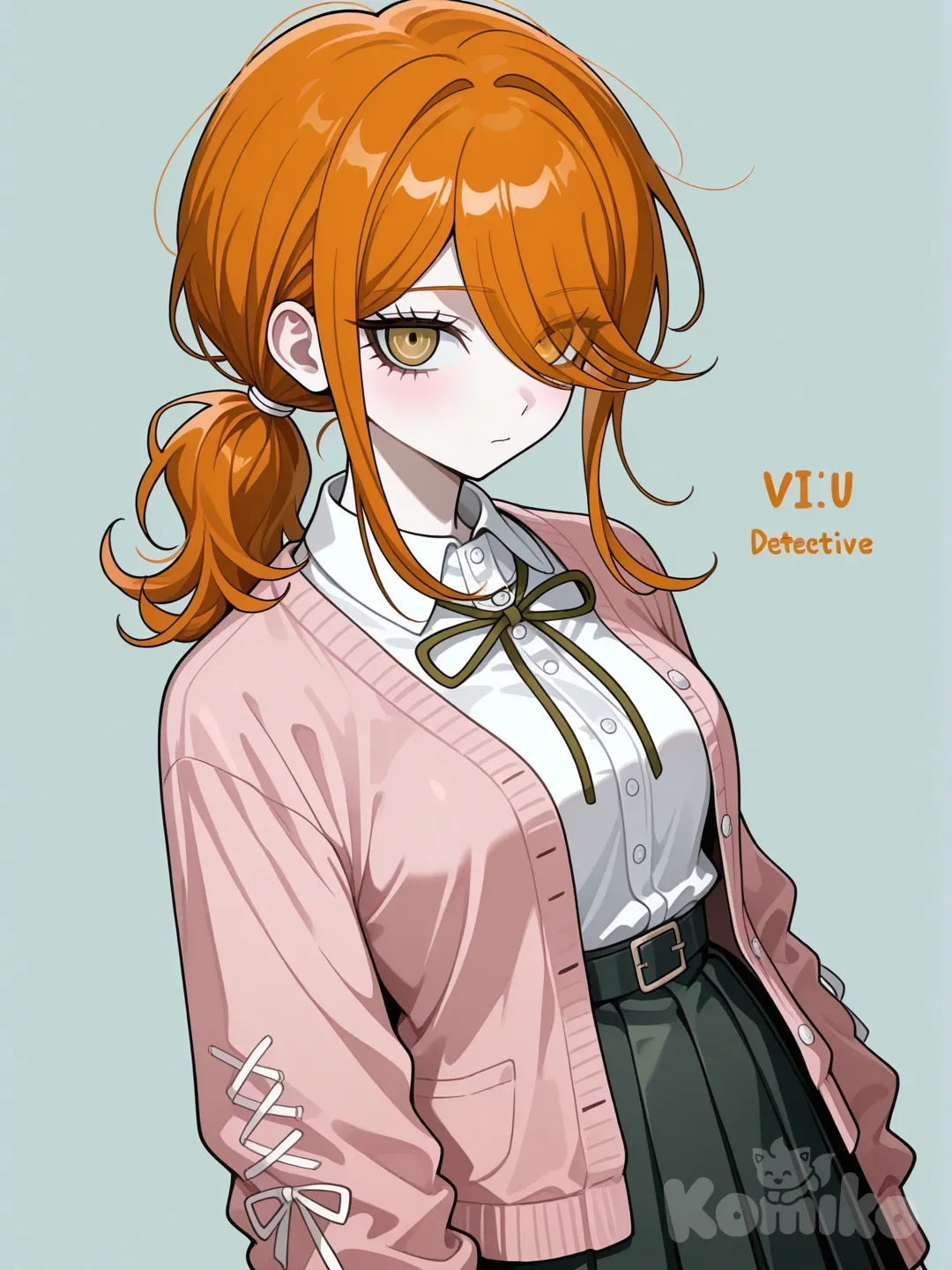 Аниме девушка детектив (стиль данганронпы)Рост 166 вес 53 мандариновые волосы, собранные в низкий хвост, жёлтые глаза, бледно-голубая рубашка, чёрная юбка расклешённая в складку и розовый кардиган.
причёска: низкий хвост на затылке (с резинкой), свободные пряди у лица, удлинённая асимметричная чёлка (частично закрывает глаза), средняя длина, мягкие волны, рыхлая текстура, лёгкий объём у корней