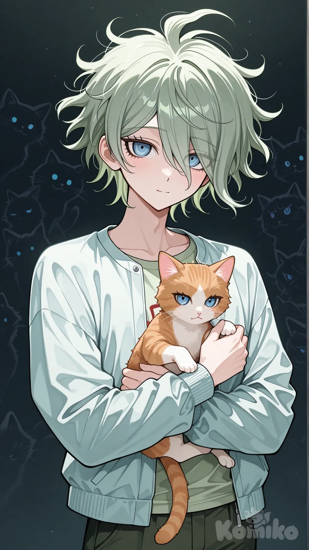 аниме парень зоолог(стиль данганронпы) Рост 162.Вес 47 мятные волосы волосы, голубые глаза, бледно-зелённая футболка, бело-голубая куртка, тёмно-зелёные штаны
причёска короткой длины с растрёпанной, «воздушной» текстурой. Волосы слегка взъерошены, создают ощущение лёгкого беспорядка. Чёлка удлинённая, асимметричная, частично закрывает лоб и глаза, пряди в чёлке разной длины, направлены в разные стороны. Верхняя часть головы имеет объём за счёт приподнятых прядей, создающих «ирокезоподобный» эффект с мягкими контурами. Боковые пряди короче, обрамляют лицо, несколько прядей у ушей слегка завиты внутрь. Текстура волос рыхлая, с естественным объёмом у корней, кончики неровные, с мягкими «уголками»
Оптимистичный, любознательный, добрый, любит животных, держит в руках котёнка и гладит его, мягко улыбается глядя на него, стоит на ногах, котёнок довольный, мурчит, изображение по пояс
