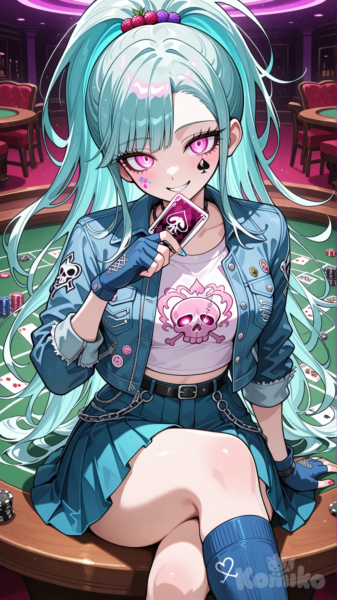 аниме девушка(стиль данганронпы) рост 162 вес 48. Волосы бирюзовые собранные в ОДИН ВЫСОКИЙ ДЛИННЫЙ ХВОСТ, ядерно-розовые глаза, на щеке символ масти пики, светло-синяя короткая футболка с ядовито-розовым черепом в качестве принта, джинсовая куртка, расклешённая синяя юбка по колено с ярко-малиновой оборкой, сине-сизые митенки разноцветные ногти, синие носки-гетры(19 лет) Палитра персонажа яркая почти вырвиглазная. Девушка азартная, хитрая, обаятельная, вульгарная, держит в руке карту с мастью пики, сидит на игральном столе, нога за ногу. Изображение по пояс
причёска: высокий хвост (чуть выше затылка) с выбивающимися прядями, удлинённая асимметричная чёлка, боковые пряди средней длины, слегка распущены, естественная текстура, лёгкий объём у корней