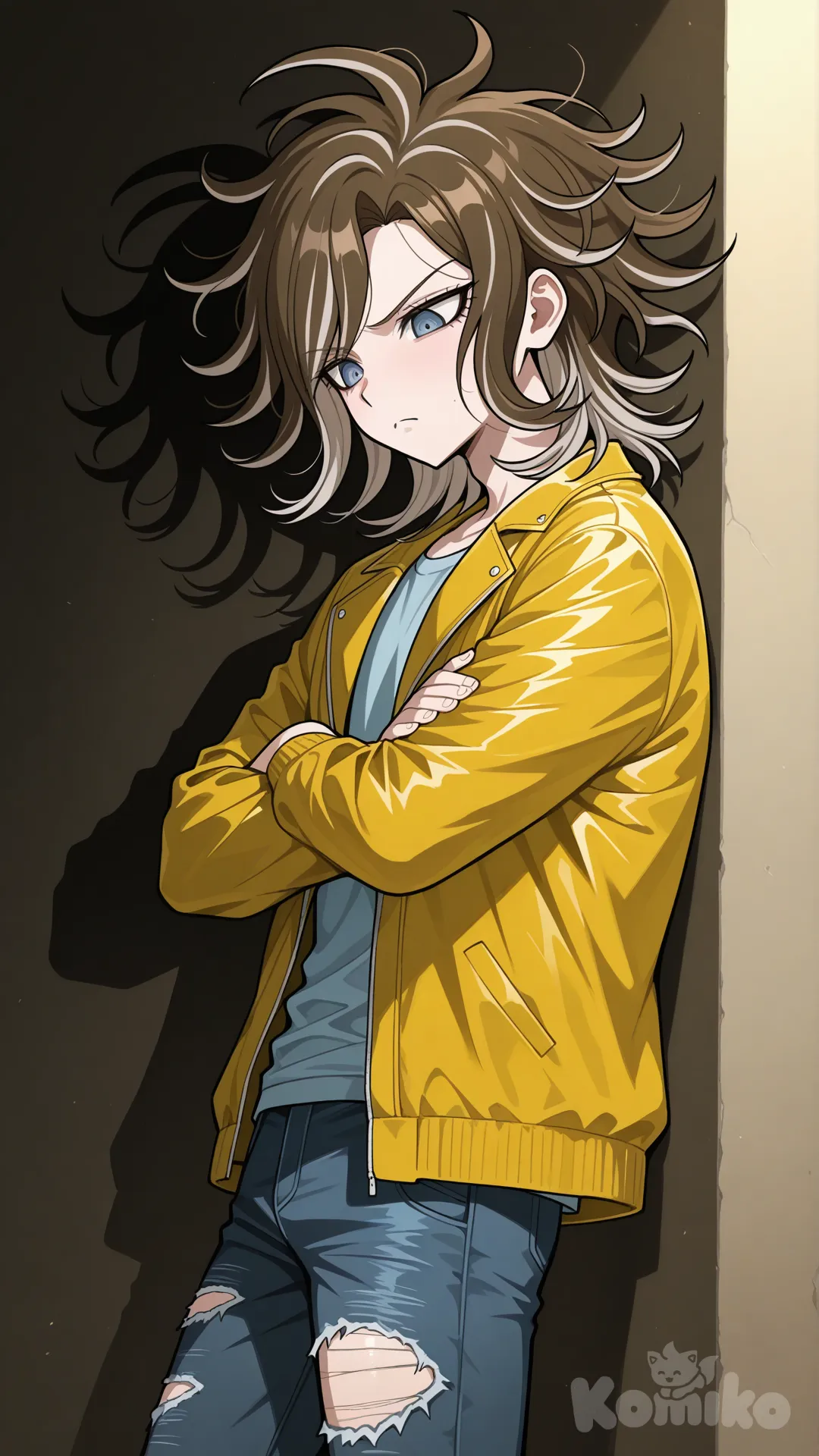 аниме парень-сценарист(стиль данганронпы) Волосы с двумя цветами основной цвет очень тёмный русый а второй цвет бежевый только одна окрашенная прядь у лица, чёлка на бок, глаза серо-голубые, светло-синяя РУБАШКА, сверху золотая куртка, тёмно-синие рваные джинсы. Мрачный, хмурится, руки сложены на груди, стоит прислонившись к стене, голова полу-опущена, вид полу-сбоку
Рост 168. Мрачный, стоит в тени, хмурится. Изображение по пояс
Описание причёски: средняя длина, объёмная макушка, удлинённая асимметричная чёлка, пряди разной длины, неровные концы, боковые пряди удлинённые, естественная текстура, расслабленный, динамичный стиль.
Синяя рубашка