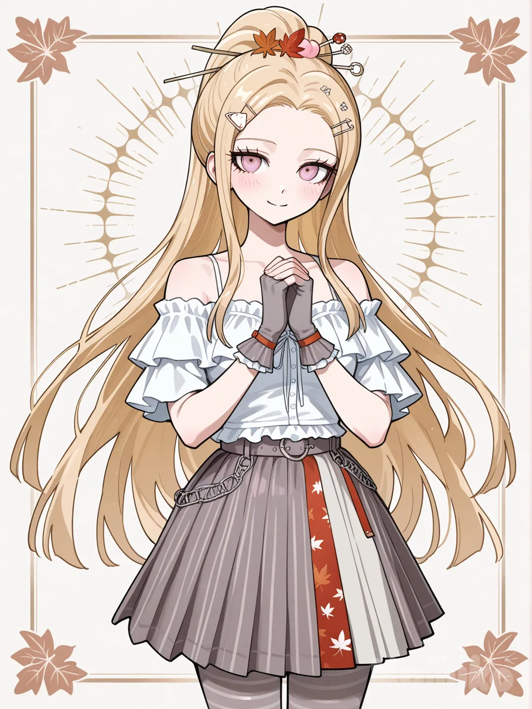 аниме девушка наследница влиятельной семьи благотворителей(стиль данганронпа) рост 174 вес 56. Блондинка с нежно-розовые глазами. Причёска 1 хвост, заколка в виде кленового листа, белая майка с открытыми плечами, серовато-красная юбка-солнце в складку с персиковыми гаризонтальными полосками, серые перчатки без пальцев с оранжевым контуром, серые колготки. Изображение по чуть ниже пояса
Добрая, лёгкая тёплая улыбка, руки соединены в замок и опущены вниз
Описание причёски: высокий конский хвост. Волосы прямые, светлого оттенка (блонд). Основная масса волос собрана в объёмный хвост на макушке, который начинается примерно на уровне верхней трети головы. Несколько свободных прядей оставлены спереди и по бокам, обрамляя лицо, пряди слегка завиты. Хвост закреплён маленькая заколкой в виде красного кленового листа, волосы длинные. Лоб открытый, пряди по бокам от лица