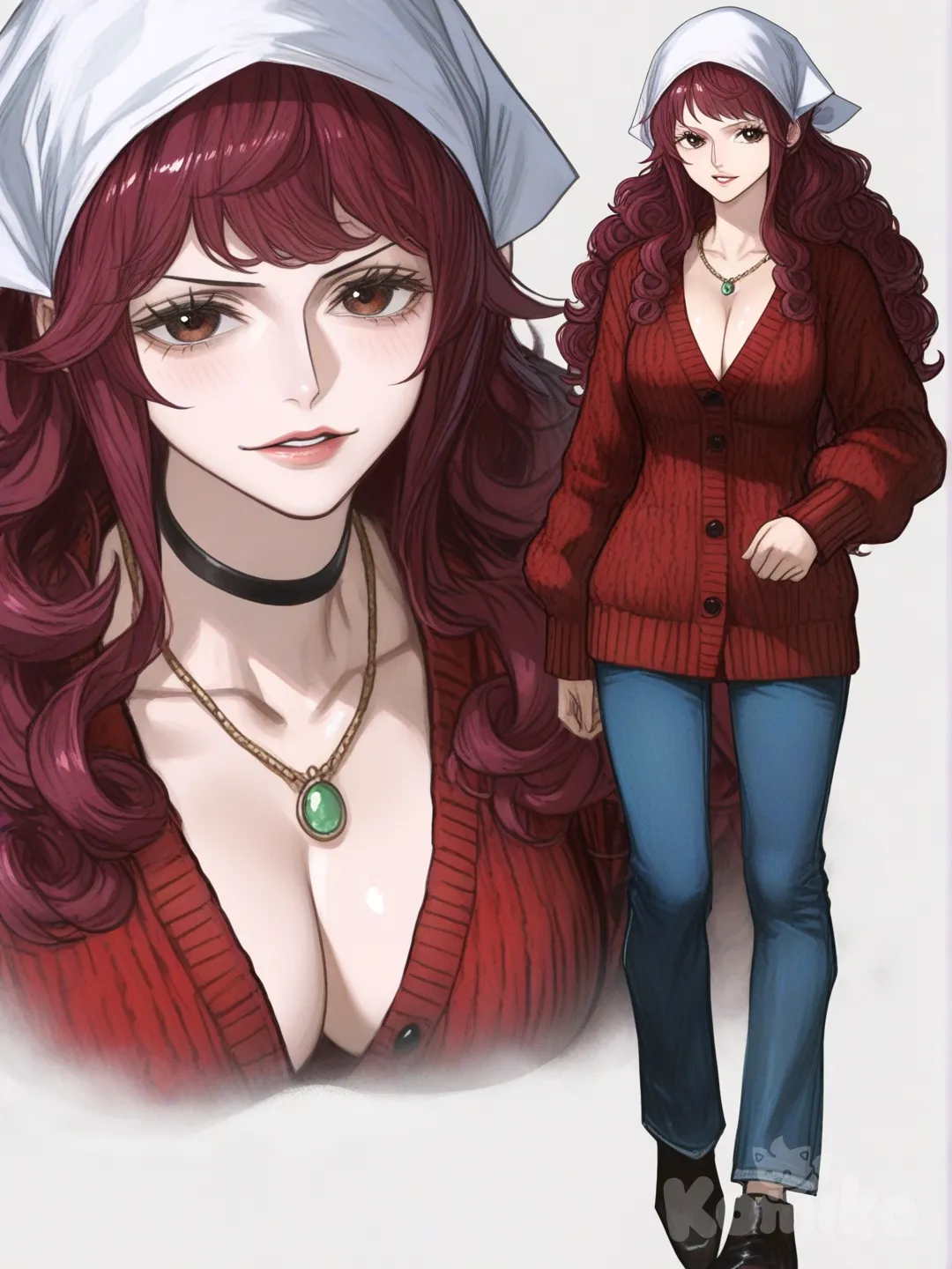 [semi-realistic-portrait-style] 1girl, mature female, short, curvy, slim waist, long hair, curly hair, maroon hair, red highlights, brown eyes, dimples, fair skin, knitted cardigan, suit pants, jeans, choker, necklace, headscarf, one piece style, single character, full body, looking at viewer, simple background, white background