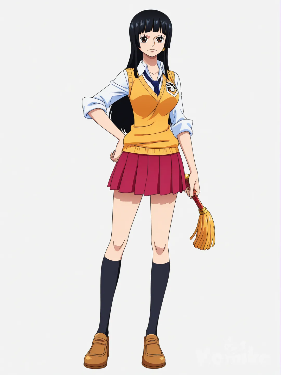 [pop-anime-style] 1girl, one piece style, original character, teenager, slim, straight hair, black hair, long hair, fringe, brown eyes, fair skin, school uniform, tassels, tie, single character, full body, looking at viewer, simple background, white background