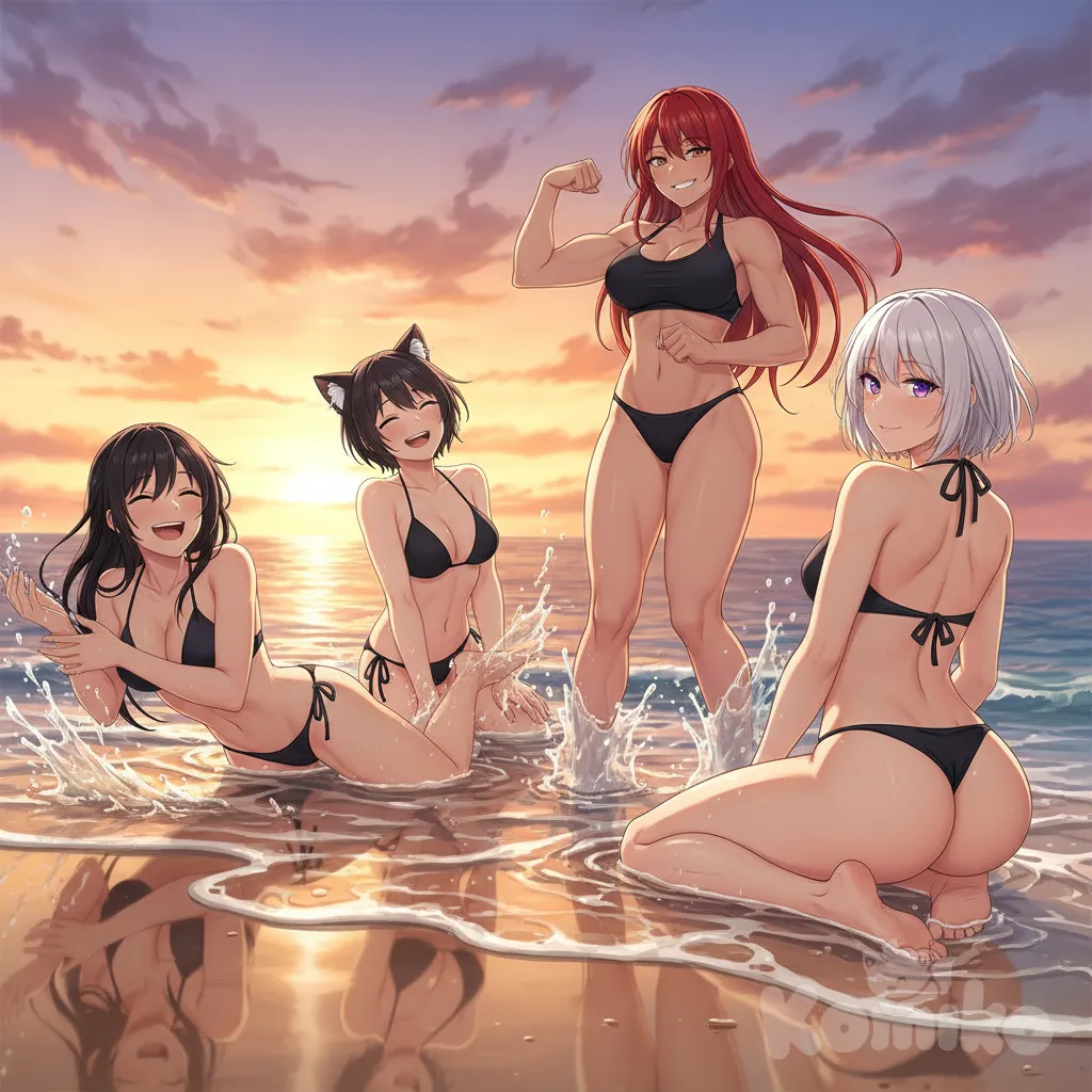 <teszen-fneK>, <amy-y76E>, <flare-ER9k>, <vera-ravii-Jd1f>, beach, little black bikini , laying down, Playing in the water, splash , ass , sexy , funny , sunny day, relaxed, anime style, anime style, anime style, anime style, anime style, anime style , have a wedgie, sunset
