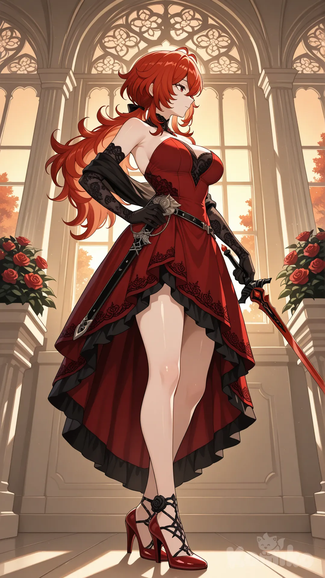 @Diluc_(Genshin_Impact) as a woman
#looking at viewer #full body#, up view , big boobs
red ruby color dress (the dress is a Off-the-shoulder dress with no shoulder straps) with black Snowflaker pattern, black long gloves
Carrying a rapier sword(has a black blade and a sharp edge that was as red ruby color dress.) at the waist
The red high heels are shiny, as if they were made from red ruby
On the bone-white marble balcony on the upper floor of a luxurious French-style mansion, white with a charcoal-colored roof.
Standing and looking at the view of the blood-black rose garden below
Evening view , In the middle of a garden full of maple trees
,day ,side profile photo , relaxed, anime style ,
look like a leader and cool women , cold eyes
Evening sunlight