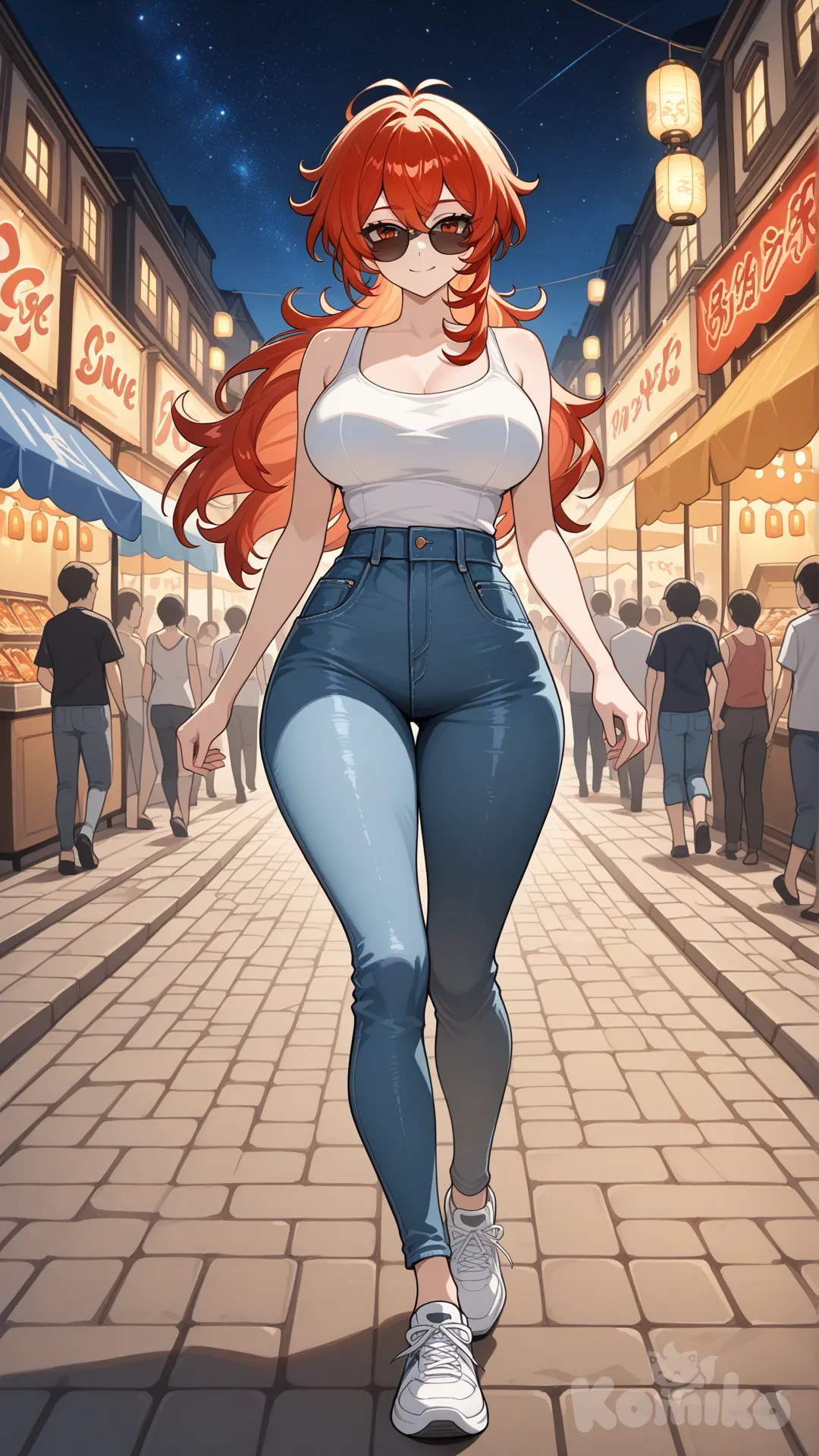 @Diluc_(Genshin_Impact) as a woman #big sister style , Very good figure , longhair

#big sister style , Very good figure , 

#side view 

 # upper body (Focus on the upper body, from the waist up.)

#looking at viewer #full body#, up view , #full body ,from above , day , funny , relaxed, anime style , 

#cool post

, white Thin tank top, jeans, running shoes, sun glasses

relax , Taking a stroll, walking on a sidewalk , on a midnight sunnyday , in the sreet in night market , It has a view of the sea and beach as a backdrop