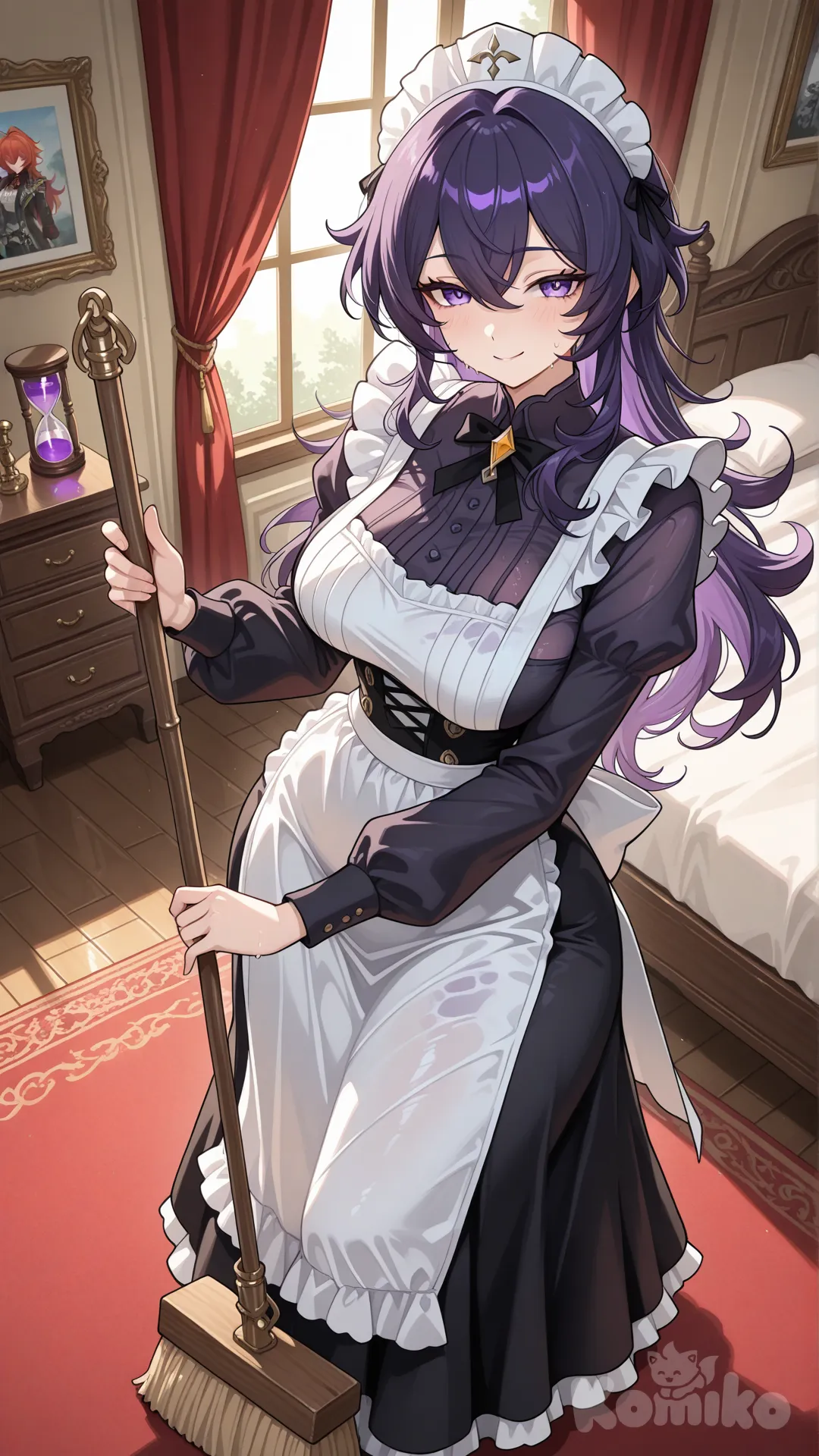 @Diluc_(Genshin_Impact) as a woman #big sister style , Very good figure , longhair

#big sister style , Very good figure , 

#front view 

#full body# ,from above , day , funny , relaxed, anime style , 

#cool post

,dark violet maid uniform A maid outfit that covers all parts of the body (without revealing private parts).

# private bed room in mansion,It's a bedroom for two, featuring only a red bed and a soft, red interior, creating a relaxing and sensual atmosphere and hot. , Decorated with wooden furniture in a gold theme, sunlight streaming through the windows creates a warm atmosphere.

#She intended to clean, but the red-toned decor and the sunlight streaming in made the room even hotter and stuffier, soaking her clothes with sweat and clinging to her body. 

relax , sunnyday , in the bedroom , Clean, sweep the floor, with a cheerful demeanor.