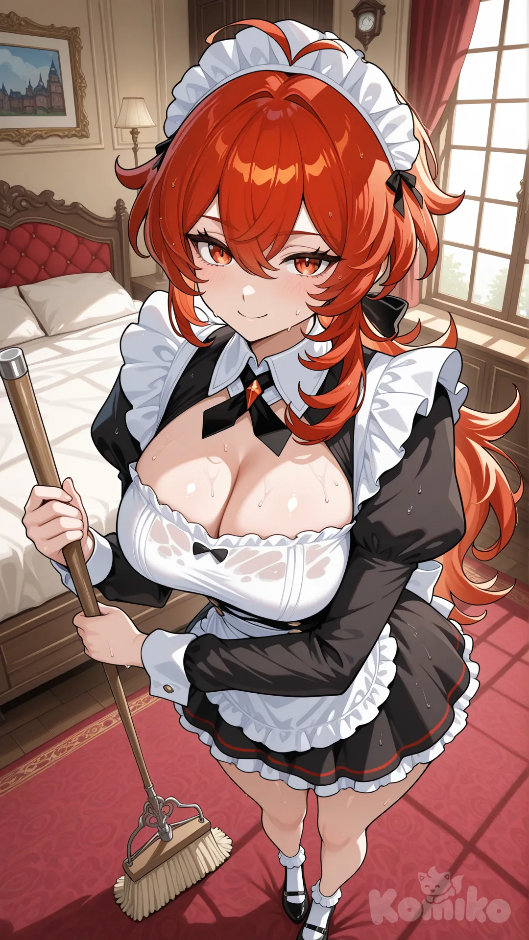 @Diluc_(Genshin_Impact) as a woman #big sister style , Very good figure , longhair

#big sister style , Very good figure , 

#front view 

#full body# ,from above , day , funny , relaxed, anime style , 

#cool post

,black have a red patterned maid uniform A maid outfit that covers all parts of the body (without revealing private parts).

# private bed room in mansion,It's a bedroom for two, featuring only a red bed and a soft, red interior, creating a relaxing and sensual atmosphere and hot. , Decorated with wooden furniture in a gold theme, sunlight streaming through the windows creates a warm atmosphere.

#She intended to clean, but the red-toned decor and the sunlight streaming in made the room even hotter and stuffier, soaking her clothes with sweat and clinging to her body. 

relax , sunnyday , in the bedroom , Clean, sweep the floor, with a cheerful demeanor.