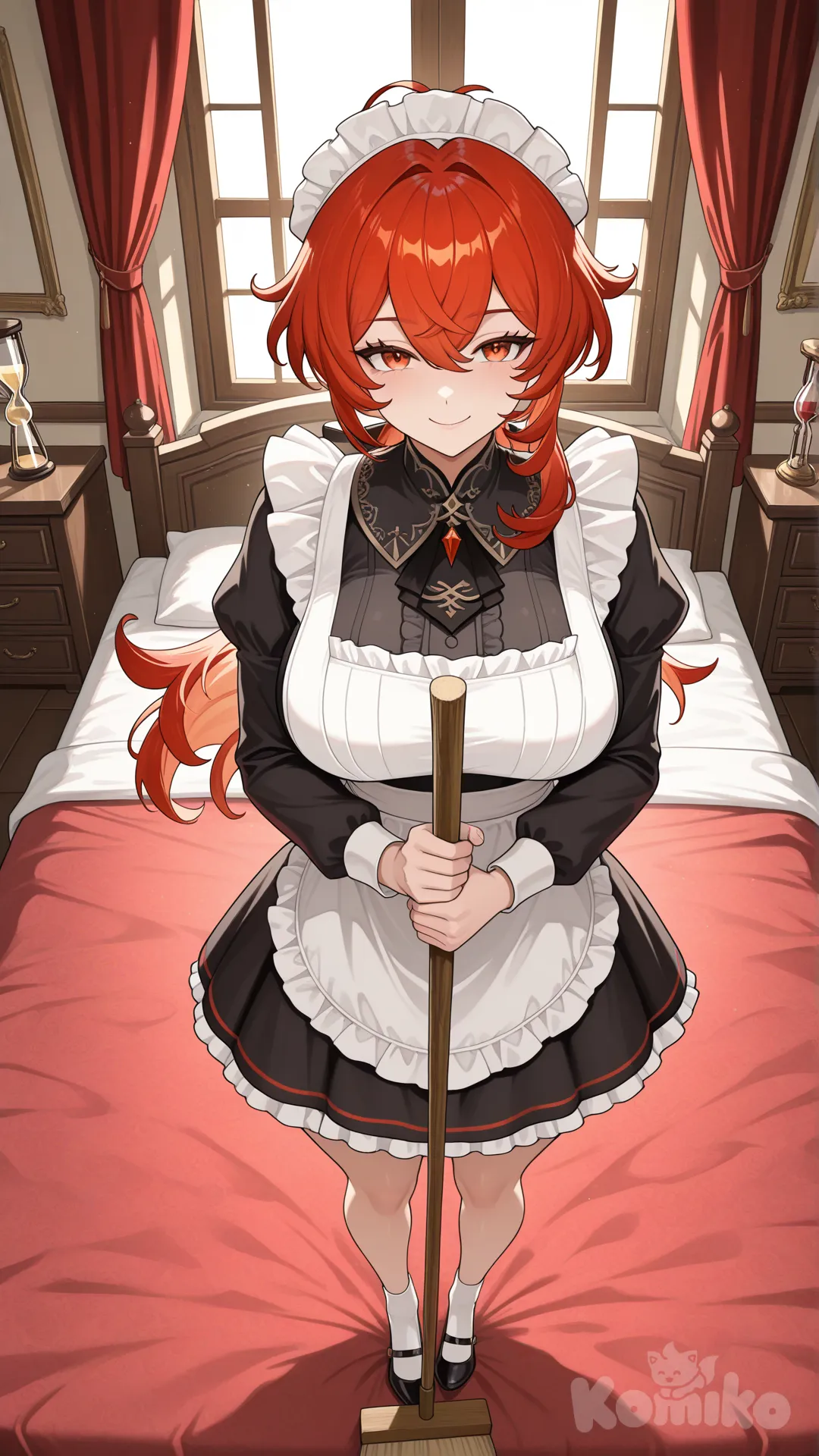 @Diluc_(Genshin_Impact) as a woman #big sister style , Very good figure , longhair

#big sister style , Very good figure , 

#front view 

#full body# ,from above , day , funny , relaxed, anime style , 

#cool post

,black have a red patterned maid uniform A maid outfit that covers all parts of the body (without revealing private parts).

# private bed room in mansion,It's a bedroom for two, featuring only a red bed and a soft, red interior, creating a relaxing and sensual atmosphere and hot. , Decorated with wooden furniture in a gold theme, sunlight streaming through the windows creates a warm atmosphere.

#She intended to clean, relax , sunnyday , in the bedroom , Clean, sweep the floor, with a cheerful demeanor.