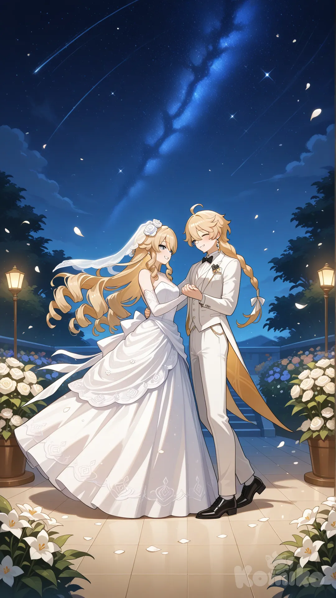 #Navia (Genshin Impact) happy smile white wedding dress 

#aether (Genshin Impact) white wedding suite 

#dance after wedding

#A dance floor in the flower garden on the wedding day.

# ,beautyfull night , moonlight starlight day