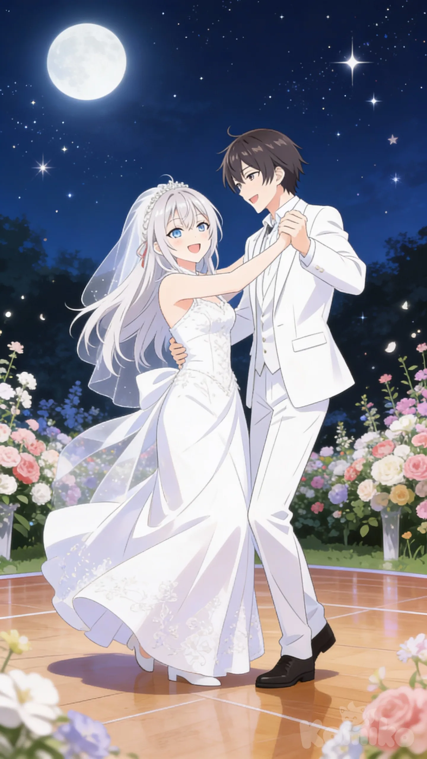 #@Alisa_Mikhailovna_Kujou happy smile white wedding dress 

#@Masachika_Kuze white wedding suite

# 20 yearold

#dance after wedding

#A dance floor in the flower garden on the wedding day.

# ,beautyfull night , moonlight starlight day