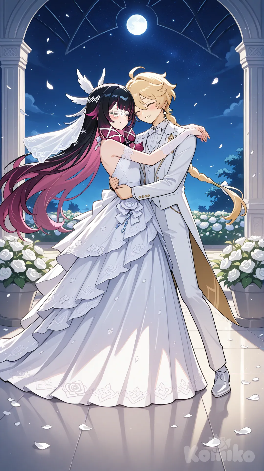 #Columbina (Genshin Impact) white wedding dress open her eyes

#aether (Genshin Impact) white wedding suite 

#dance after wedding

#A dance floor in the flower garden on the wedding day.

# relaxed, anime style , moonlight night, relaxed, happynight , anime style