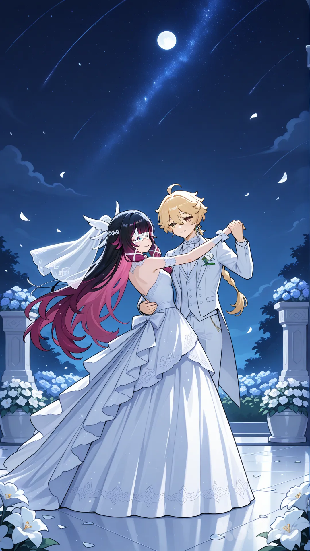 #Columbina (Genshin Impact) white wedding dress open her eyes

#aether (Genshin Impact) white wedding suite 

#dance after wedding

#A dance floor in the flower garden on the wedding day.

# relaxed, anime style , moonlight night, relaxed, happynight , anime style