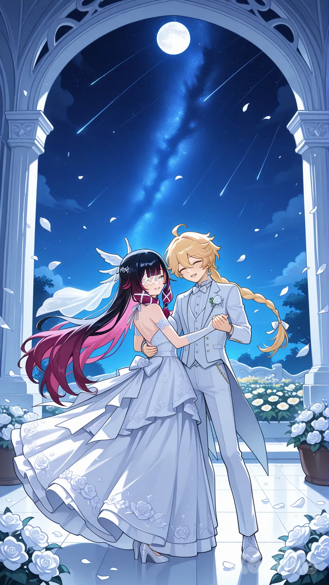 #Columbina (Genshin Impact) white wedding dress open her eyes

#aether (Genshin Impact) white wedding suite 

#dance after wedding

#A dance floor in the flower garden on the wedding day.

# relaxed, anime style , moonlight night, relaxed, happynight , anime style