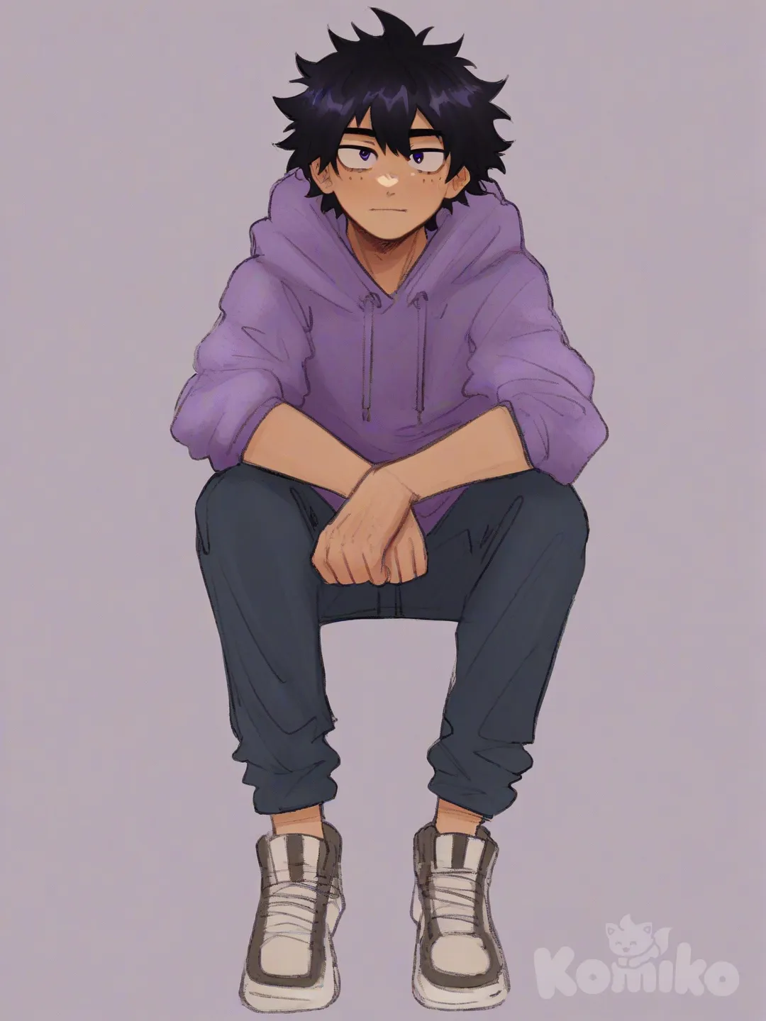 [soft-shaded-moe-style] 1boy, teenager, tall, black_hair, purple_eyes, tan, hoodie, my_hero_academia_style, single character, full body, looking at viewer, simple background, white background