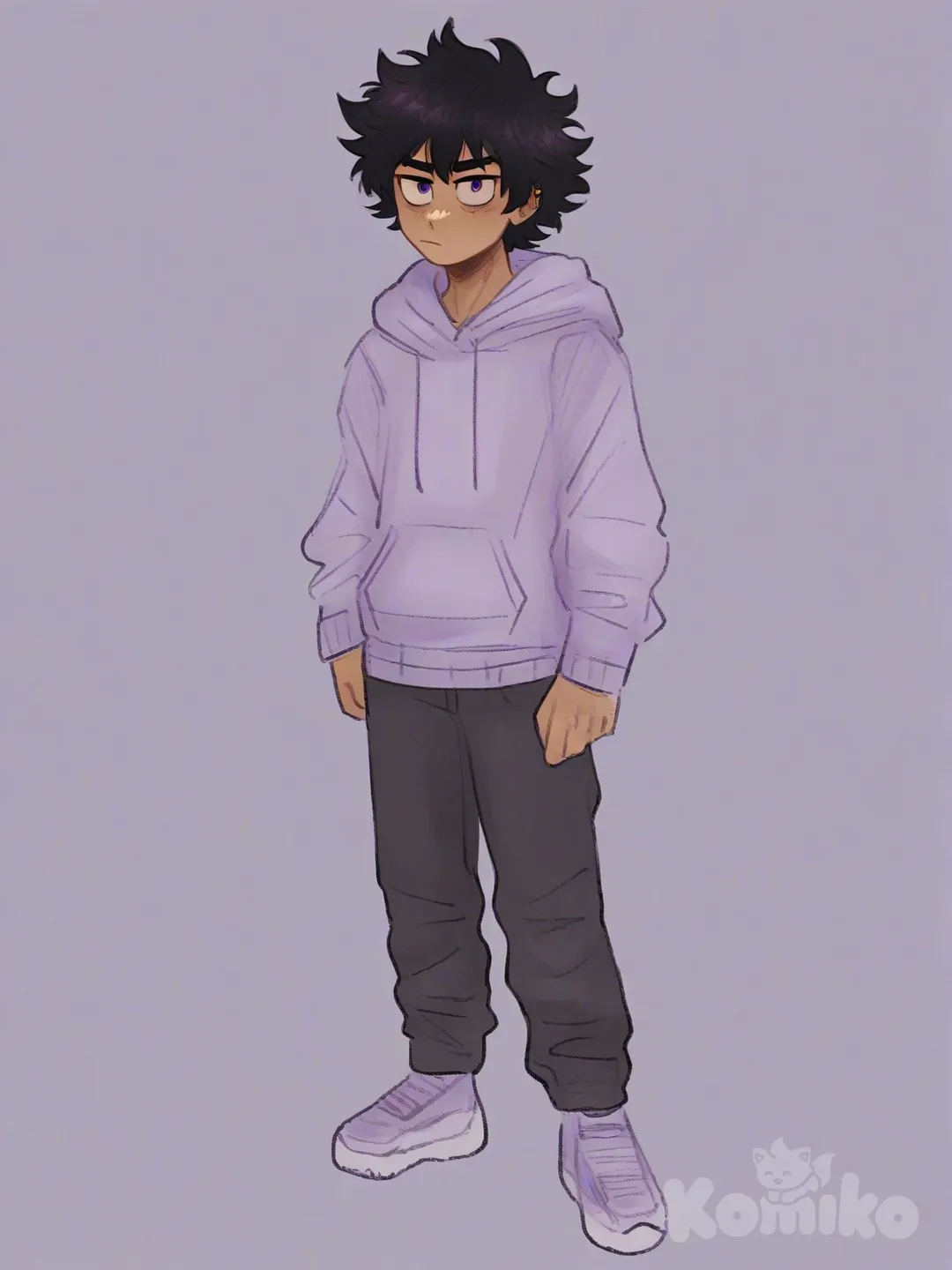 [soft-shaded-moe-style] 1boy, teenager, tall, black_hair, purple_eyes, tan, hoodie, my_hero_academia_style, single character, full body, looking_at_viewer, simple_background, white_background