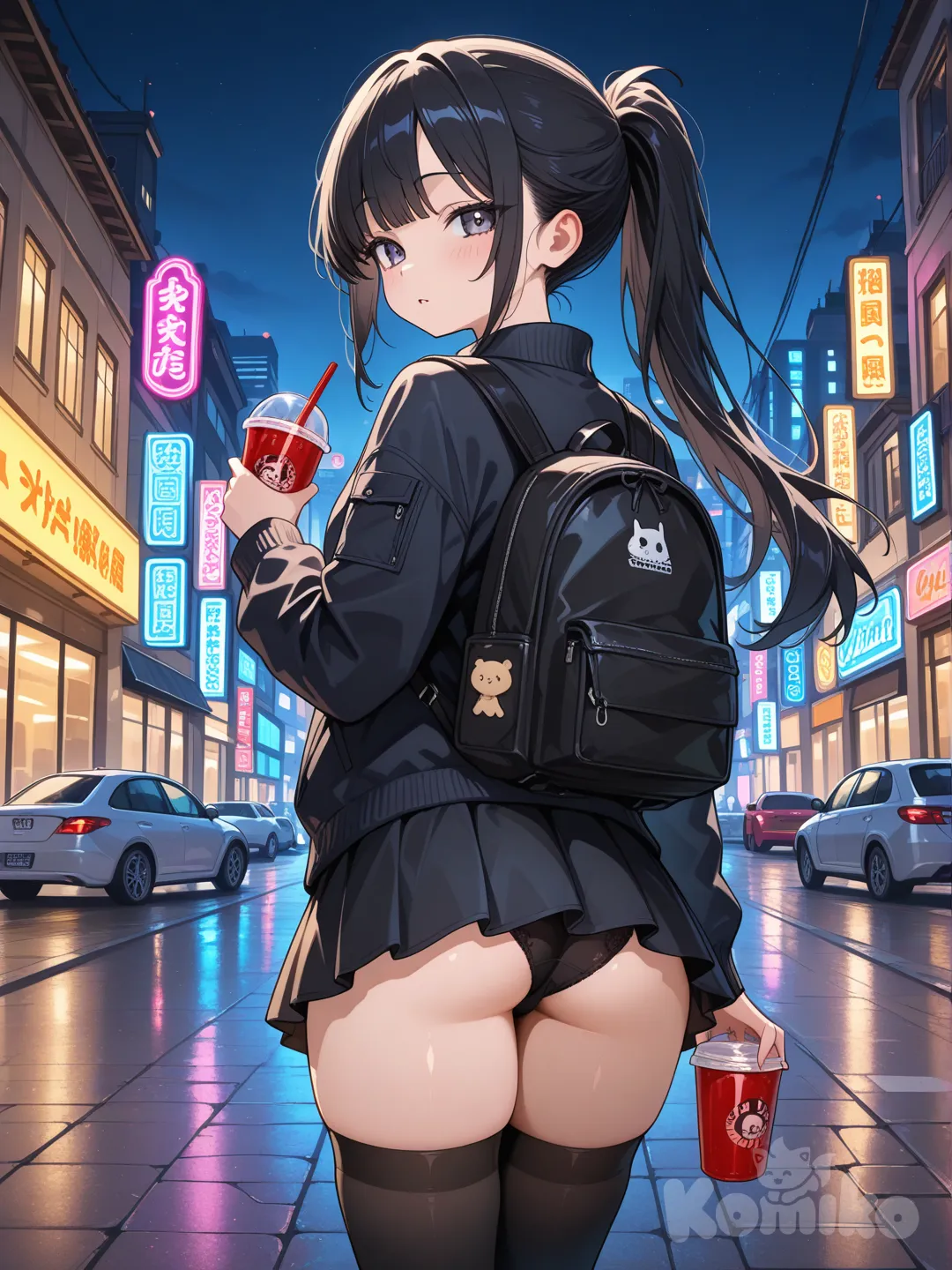 1girl, bag, backpack, underwear, panties, skirt, thighhighs, solo, looking_at_viewer, black_hair, ground_vehicle, long_hair, neon_lights, outdoors, black_panties, looking_back, motor_vehicle, black_thighhighs, standing, ass, holding, ponytail, bangs, long_sleeves, black_skirt, cup, jacket, disposable_cup, night, miniskirt, parted lips, [glossy-anime-style]