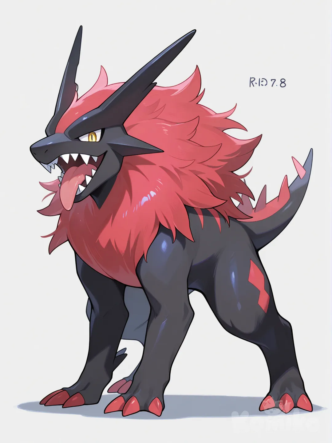  tongue, open_mouth, solo, white_background, simple_background, standing, full_body, tongue_out, yellow_eyes, teeth, looking_at_viewer, sharp_teeth, pokemon_(creature), shadow, [glossy-anime-style]