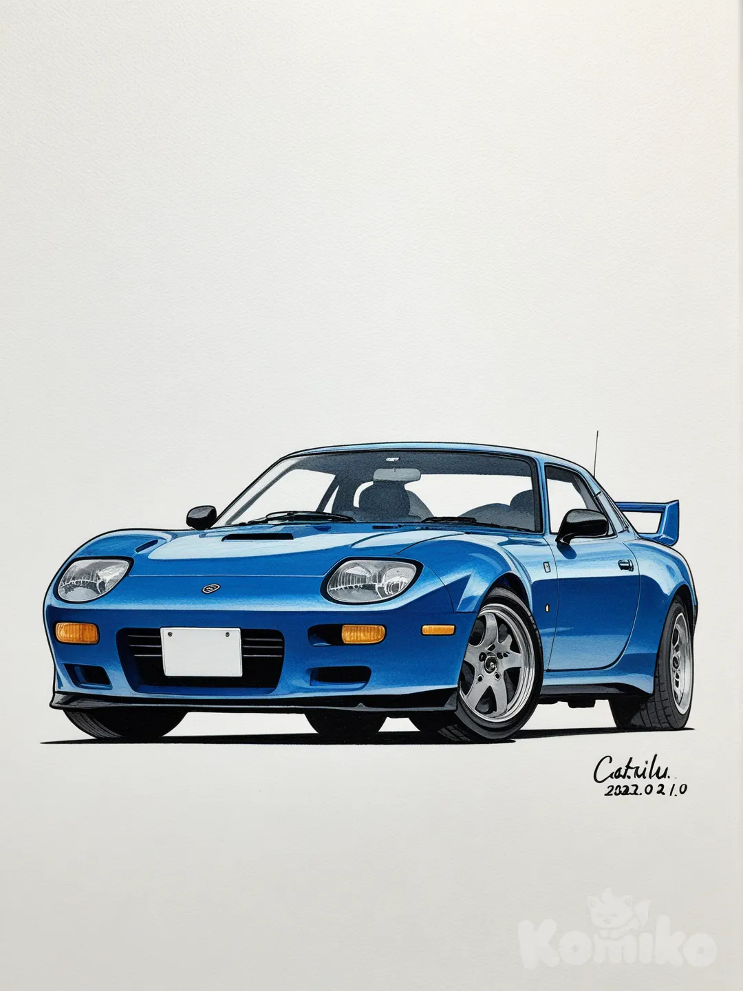 vehicle_focus, car, no_humans, ground_vehicle, motor_vehicle, sports_car, artist_name, traditional_media, signature, shadow, white_background, dated, Toyota_2000gt, [toon-shaded-style]