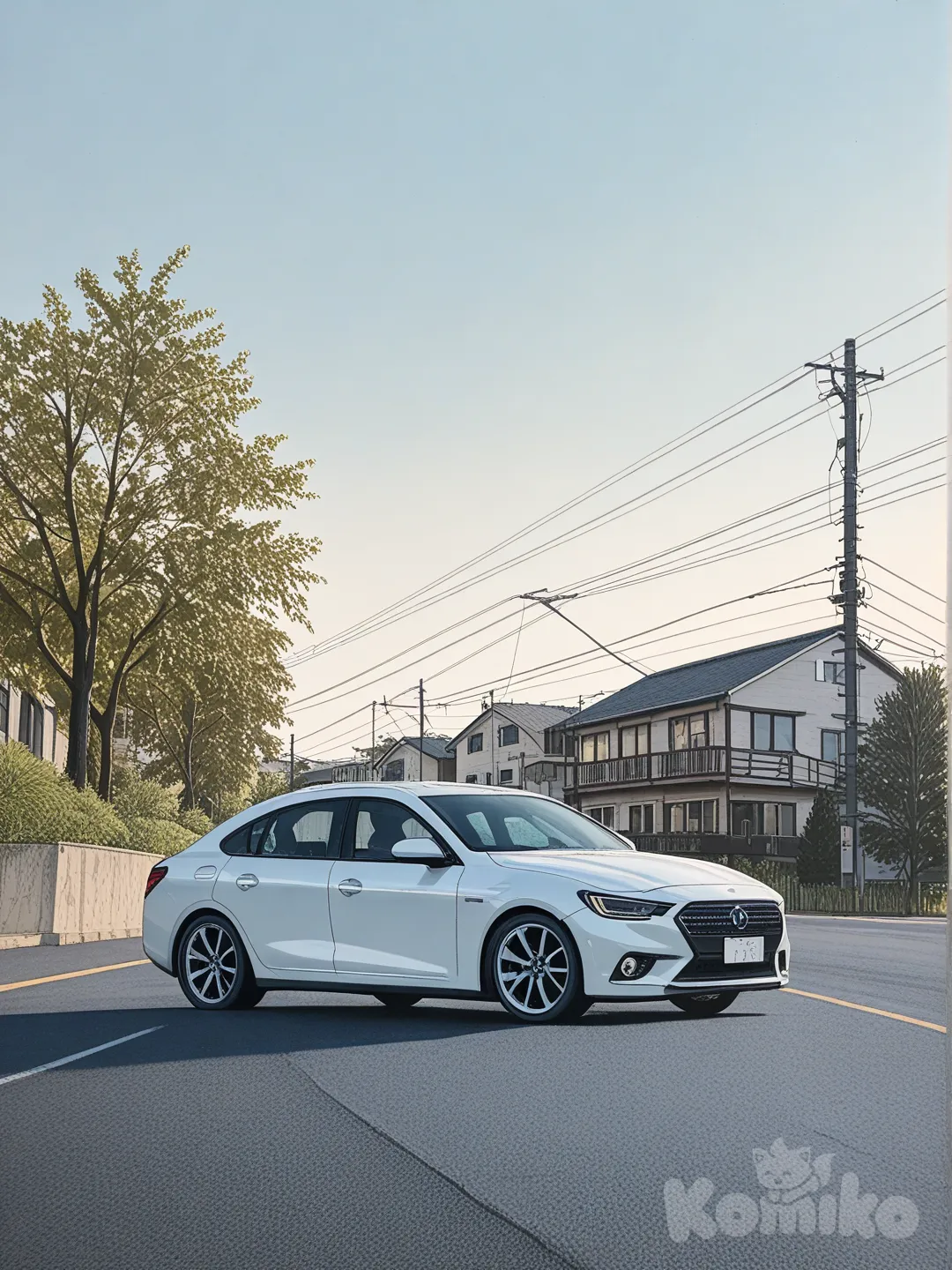 ground_vehicle, no_humans, motor_vehicle, car, outdoors, power_lines, window, vehicle_focus, scenery, building, tree, utility_pole, traditional_media, road, [toon-shaded-style]