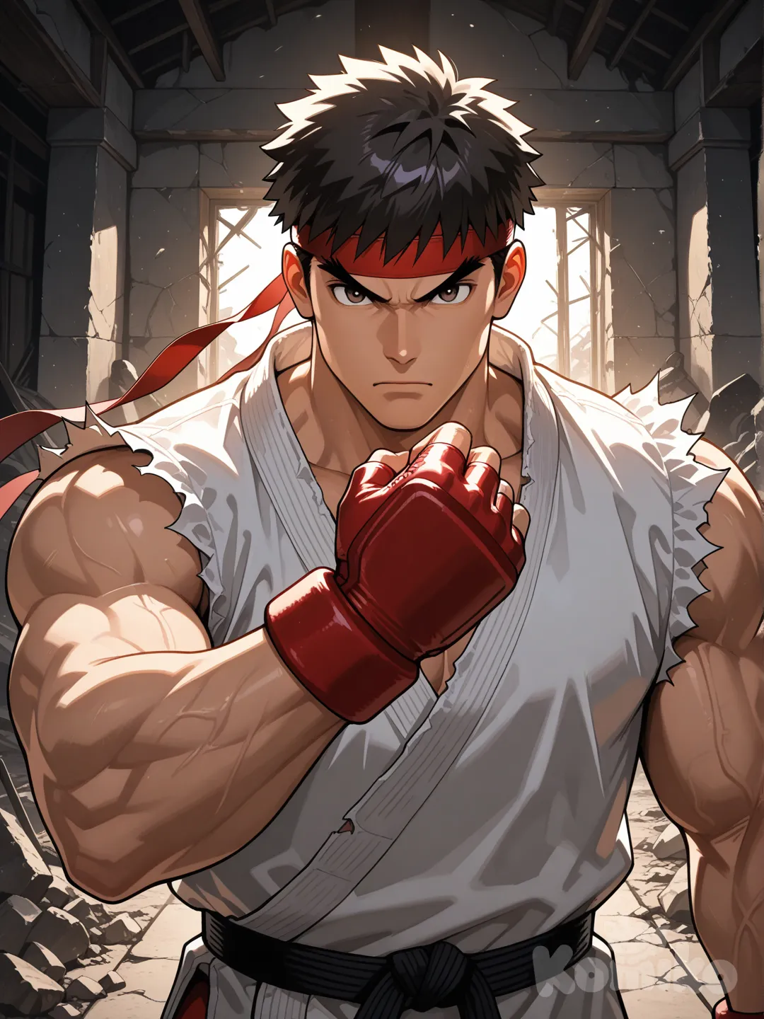 1boy, male_focus, ryu_(street_fighter), headband, solo, muscular, dougi, gloves, muscular_male, fingerless_gloves, black_hair, looking_at_viewer, thick_eyebrows, short_hair, sleeveless, brown_hair, brown_eyes, upper_body, red_headband, torn_clothes, [glossy-anime-style], ruins, backlight