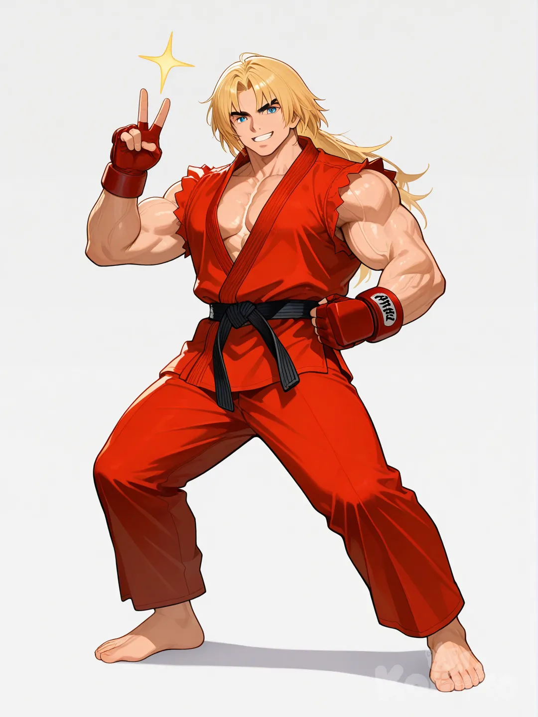 @ken_masters-(street_fighter), 1boy, solo, male_focus, blonde_hair, gloves, barefoot, fingerless_gloves, dougi red, white background, full_body, muscular, pose of victory, [glossy-anime-style]