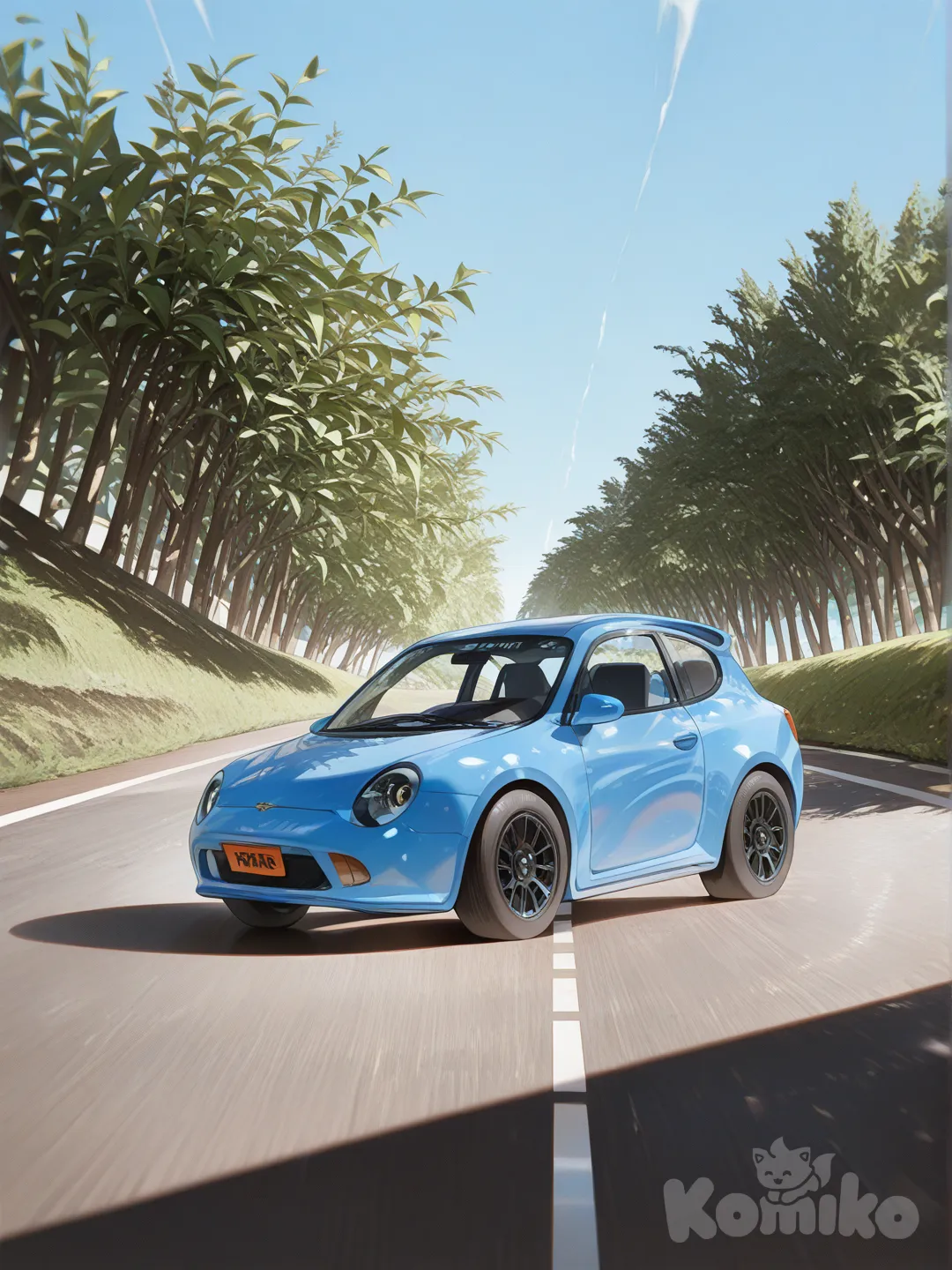 ground_vehicle, no_humans, motor_vehicle, car, vehicle_focus, outdoors, tree, scenery, dynqmic, sun, videogame, [high-gloss-illustration-style]