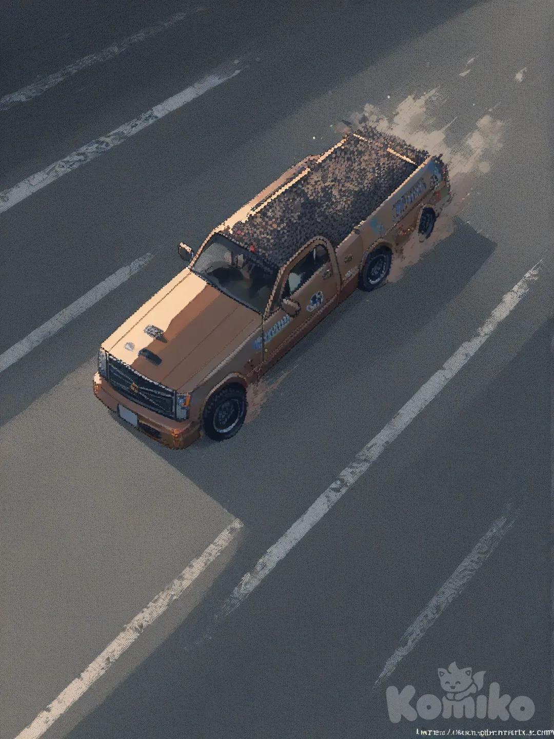 ground_vehicle, motor_vehicle, car, no_humans, watermark, vehicle_focus, web_address, truck, bus, english_text, scenery, buss, drifting, [soft-pixel-art-style]