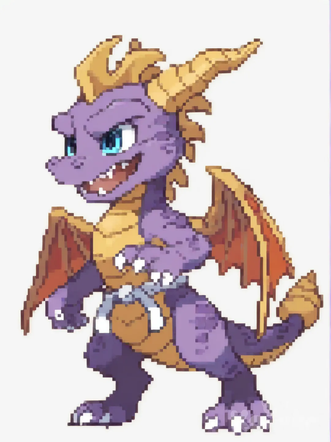 Spyro, dougi, dragon, wings, blue_eyes, sharp_teeth, teeth, white_background, solo, horns, tail, open_mouth, 1boy, claws, martial_arts_belt, dragon_wings, simple_background, male_focus, scales, standing, full_body, [soft-pixel-art-style]