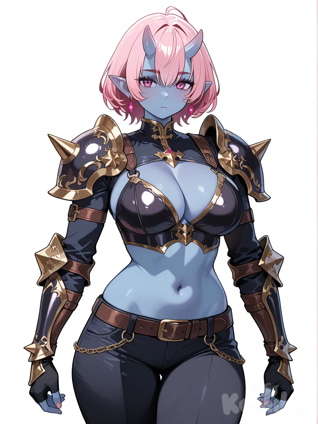 1girl, ogre girl, 4hands, colored_skin, solo, blue_skin, pointy_ears, earrings, pink_hair, gloves, jewelry, fingerless_gloves, navel, armor, pink_eyes, white_background, simple_background, looking_at_viewer, belt, short_hair, shoulder_armor, [glossy-anime-style]