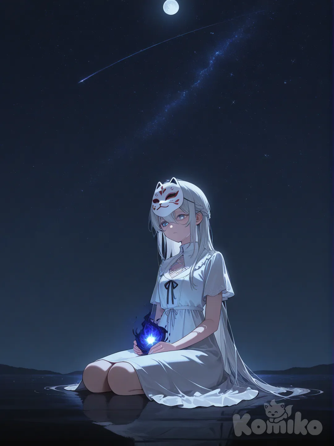 Woman, sitting in the dark, his body glows, he wears an expressionless moon mask, sad atmosphere, starry sky, all white clothing, [glossy-anime-style]