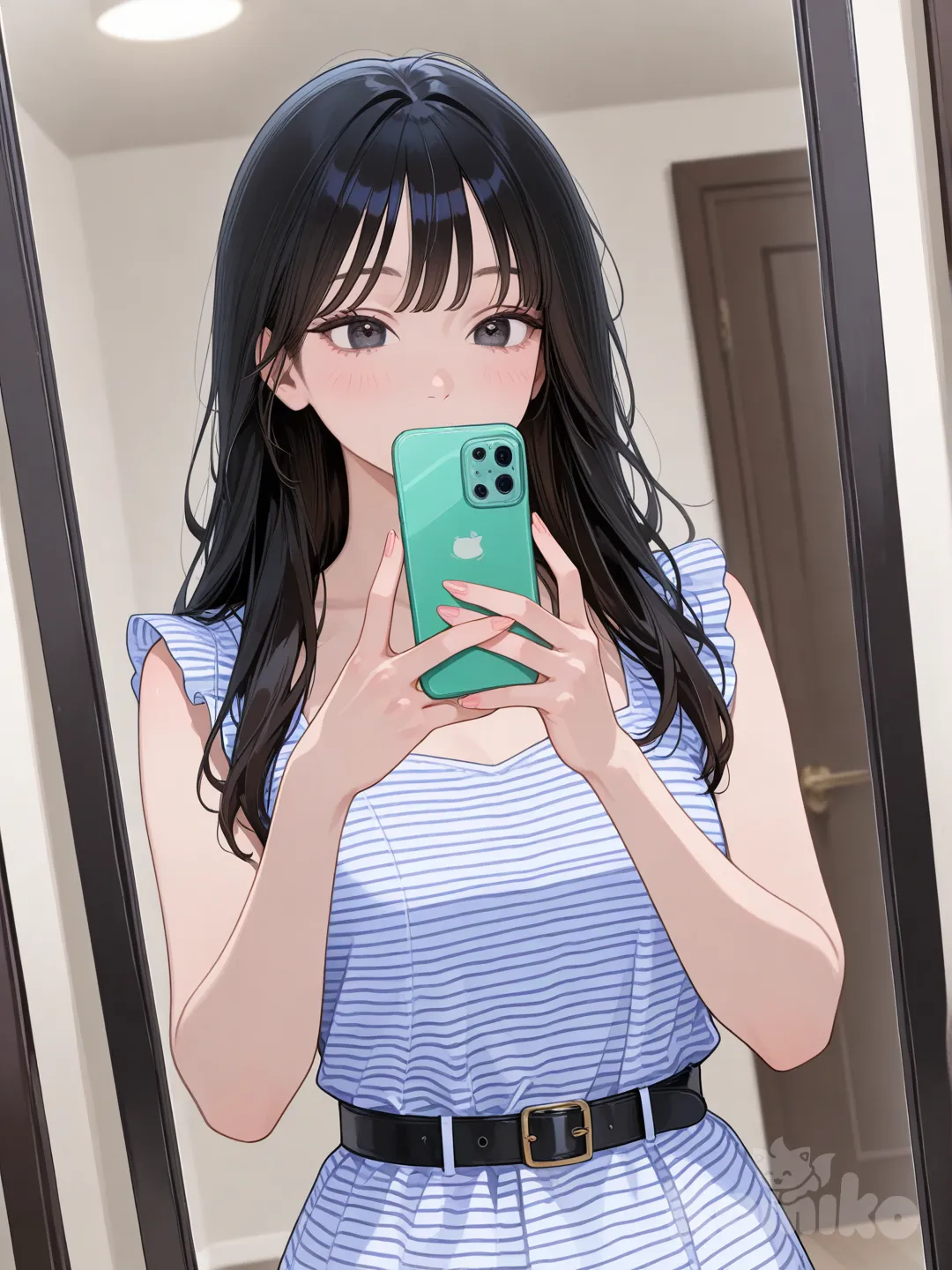 cellphone, black_hair, solo, selfie, smartphone, reflection, dress, mirror, holding_phone, long_hair, striped, holding, striped_dress, belt, realistic, looking_at_phone, sleeveless, blurry, [glossy-anime-style]