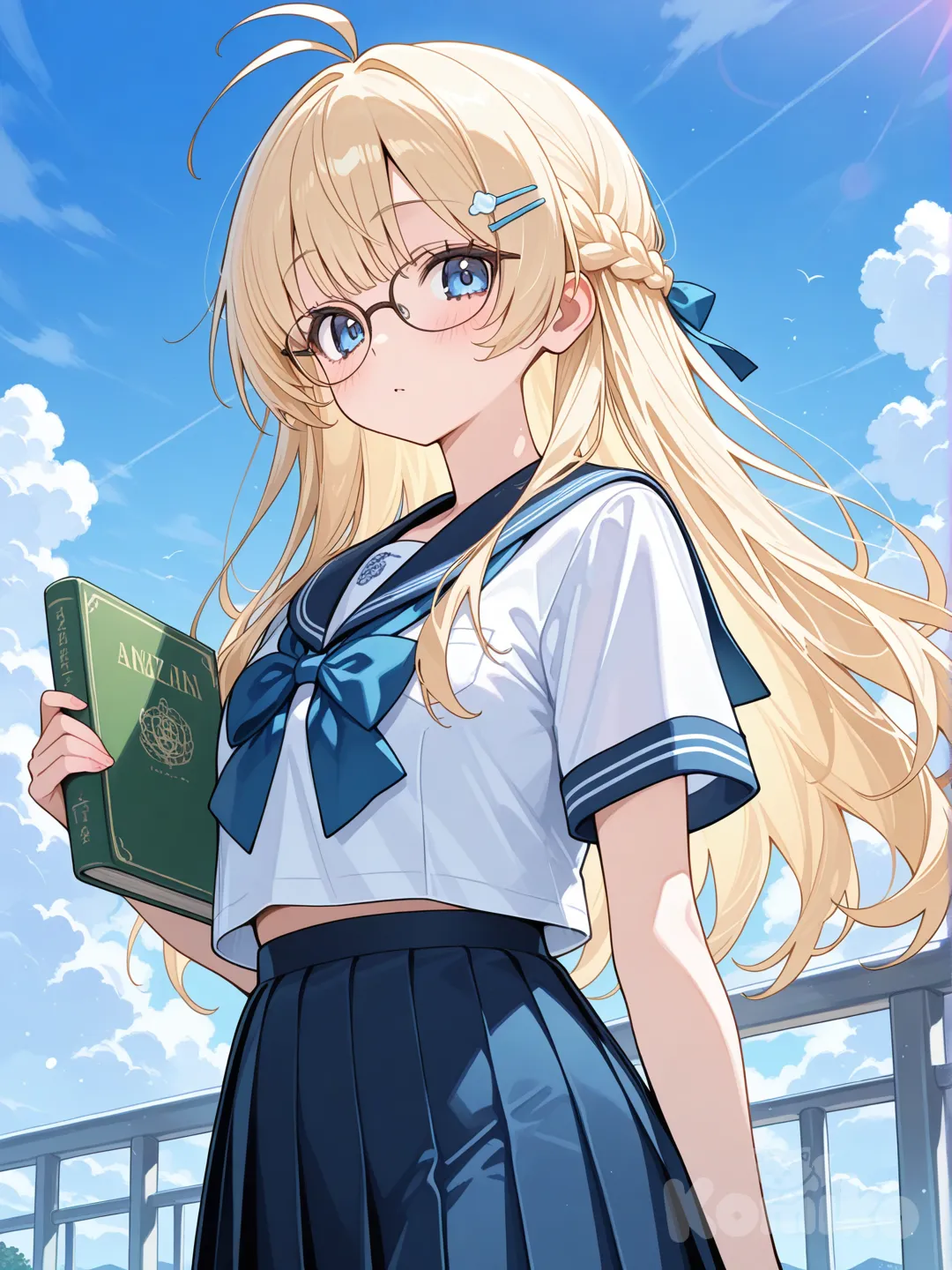 1girl, solo, glasses, blonde_hair, school_uniform, braid, blue_eyes, skirt, book, day, sky, hairclip, antenna_hair, long_hair, cloud, hair_ornament, [glossy-anime-style]