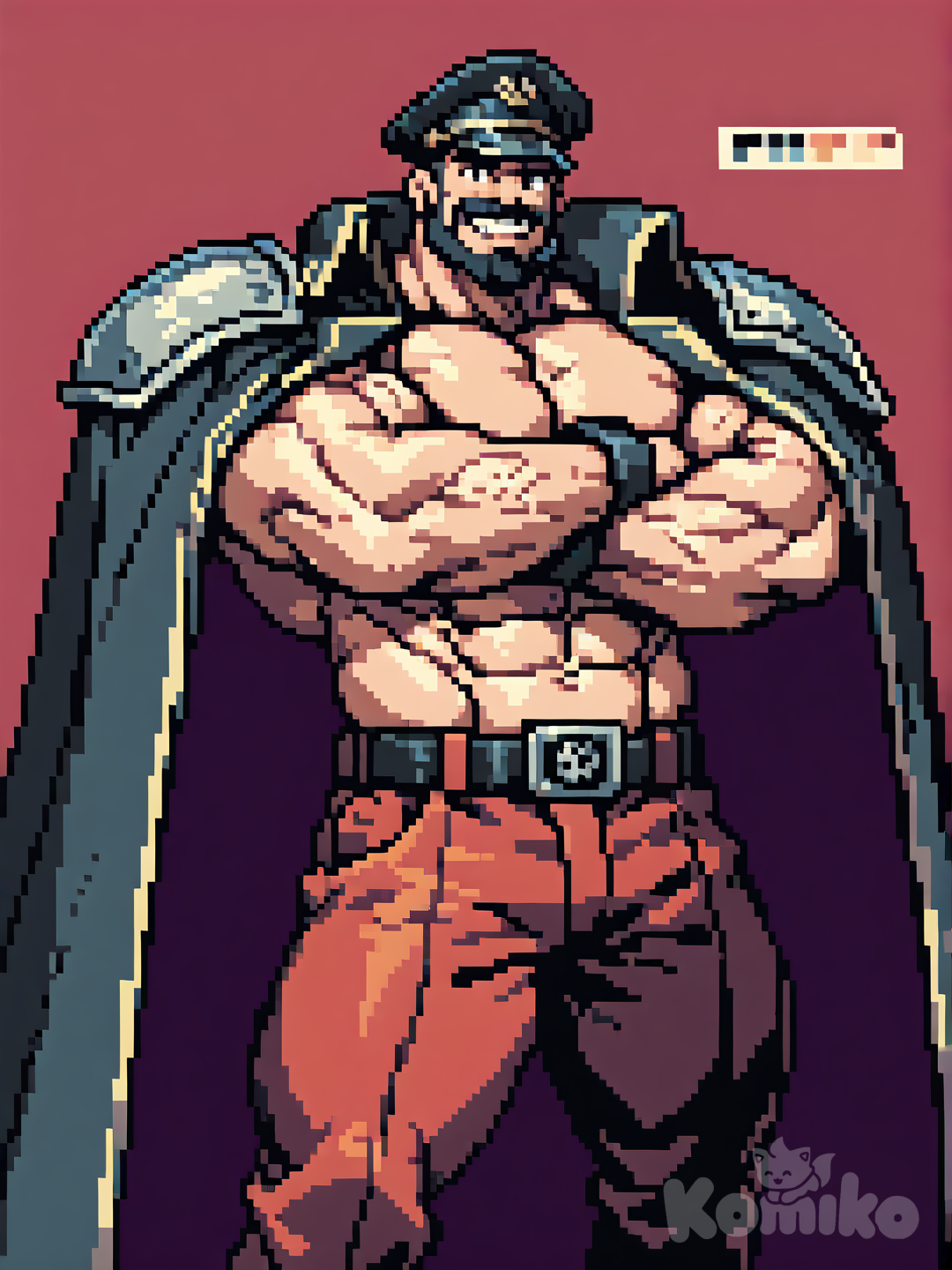 1boy, male_focus, solo, hat, cape, transparent_background, muscular, smile, crossed_arms, grin, manly, uniform, military_uniform, belt, peaked_cap, red_pants, military, shoulder_armor, facial_hair, shoulder_pads, muscular_male, teeth, [soft-pixel-art-style]