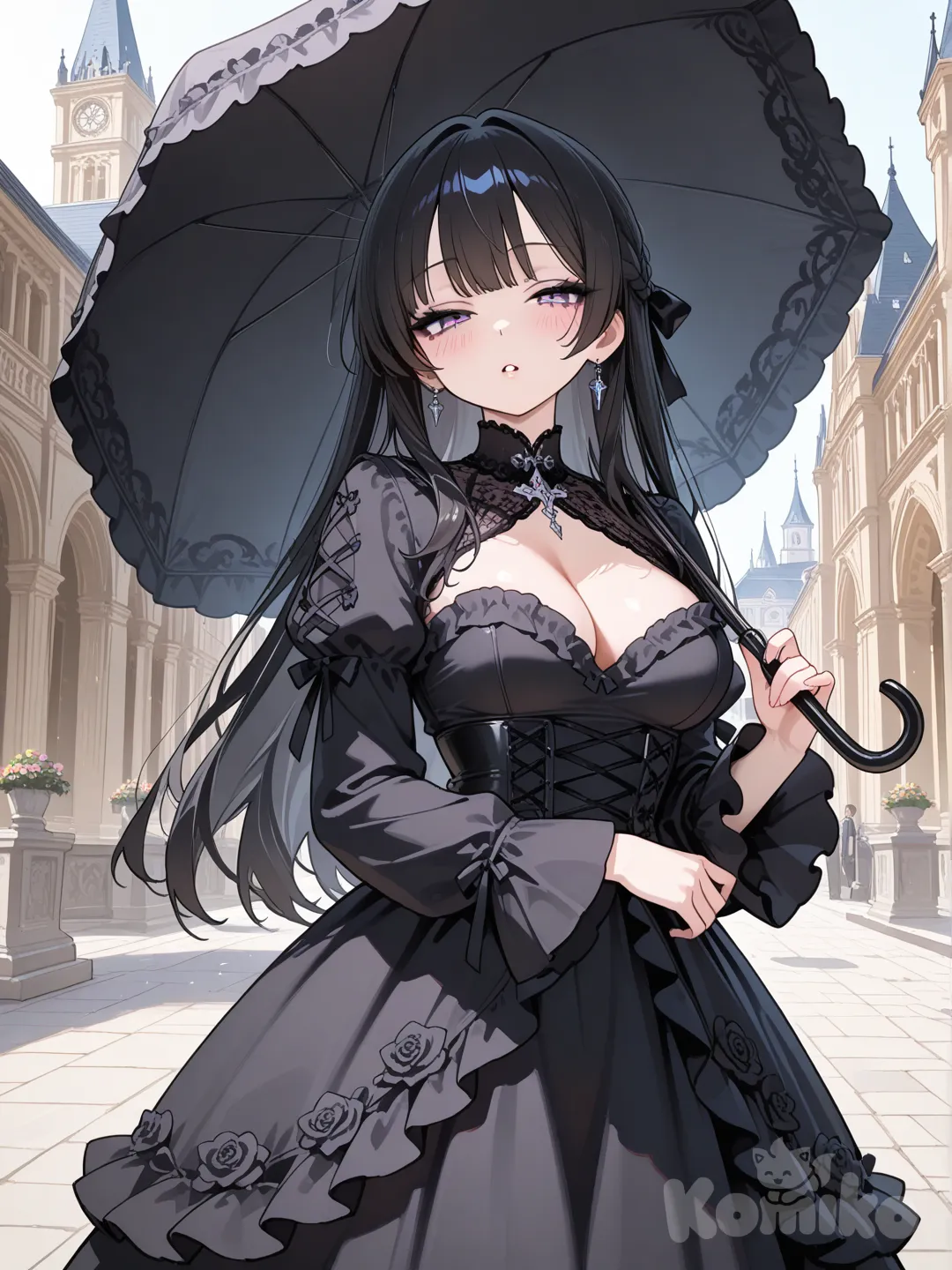 @tani-ASFD , vestido gotico, posando sexy frente a una catedral renacentista, con sombrilla negra.